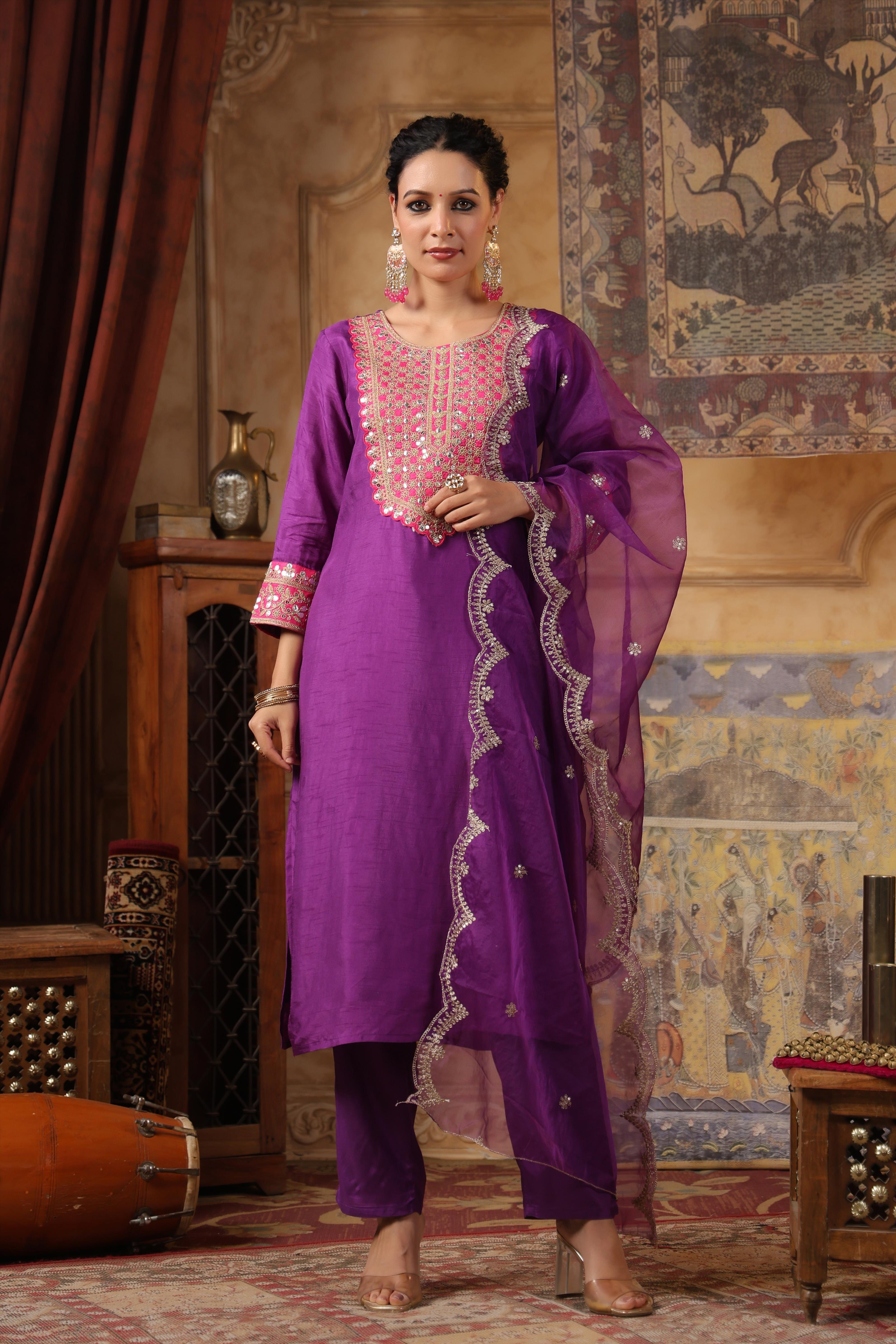 Purple-Fuchsia Dupion Silk Dori-Sequin Work Suit Set