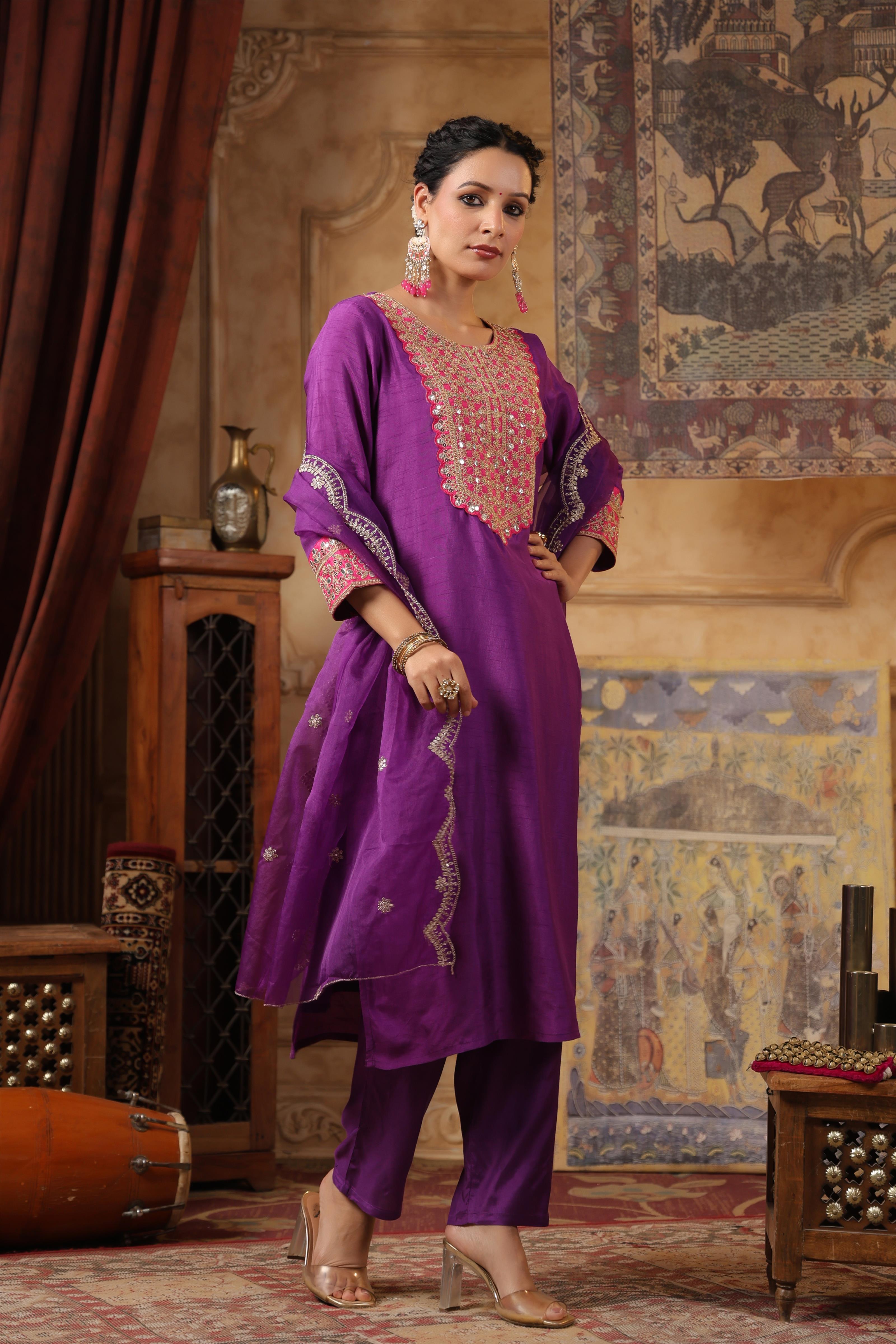 Purple-Fuchsia Dupion Silk Dori-Sequin Work Suit Set