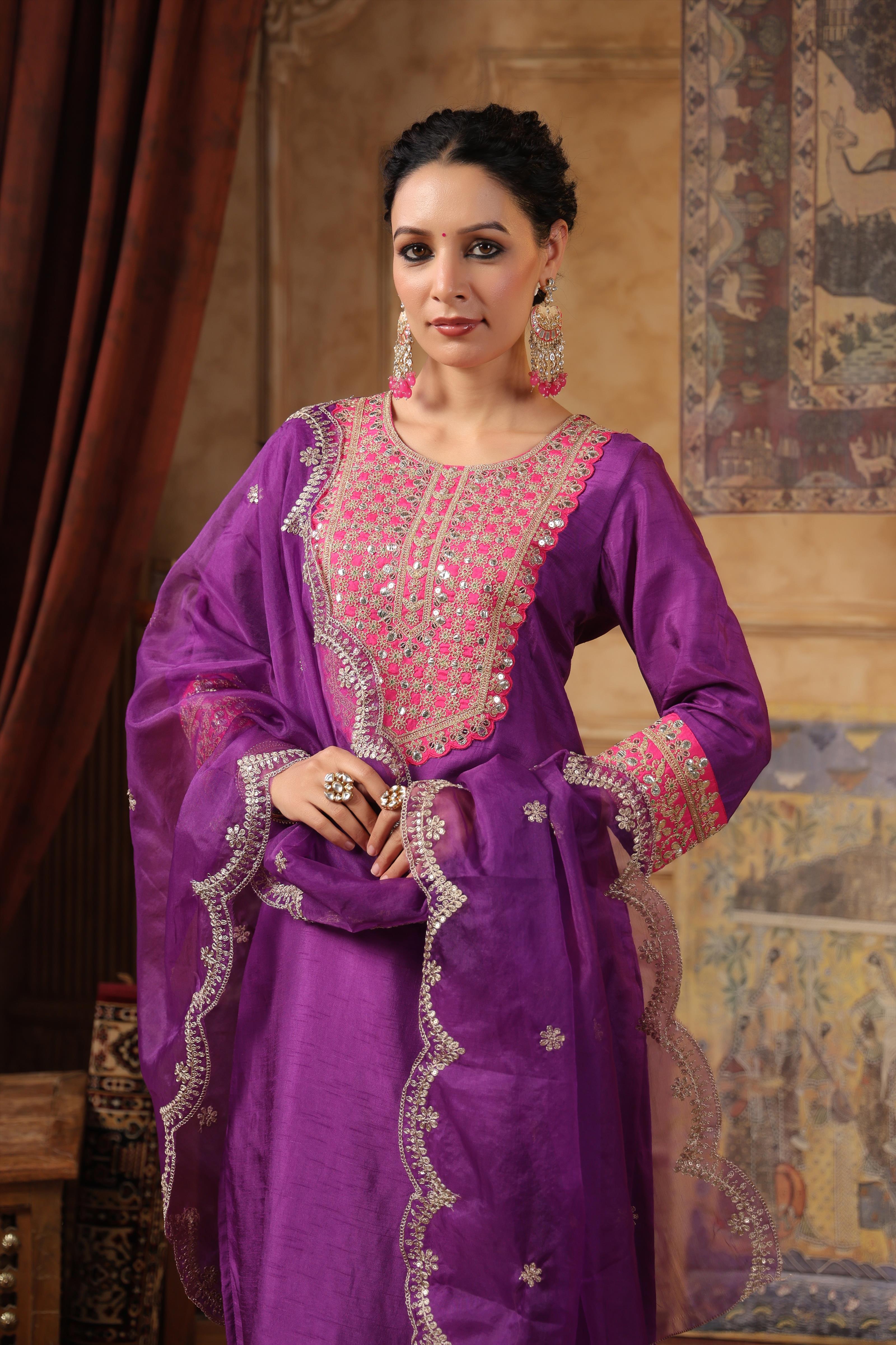 Purple-Fuchsia Dupion Silk Dori-Sequin Work Suit Set