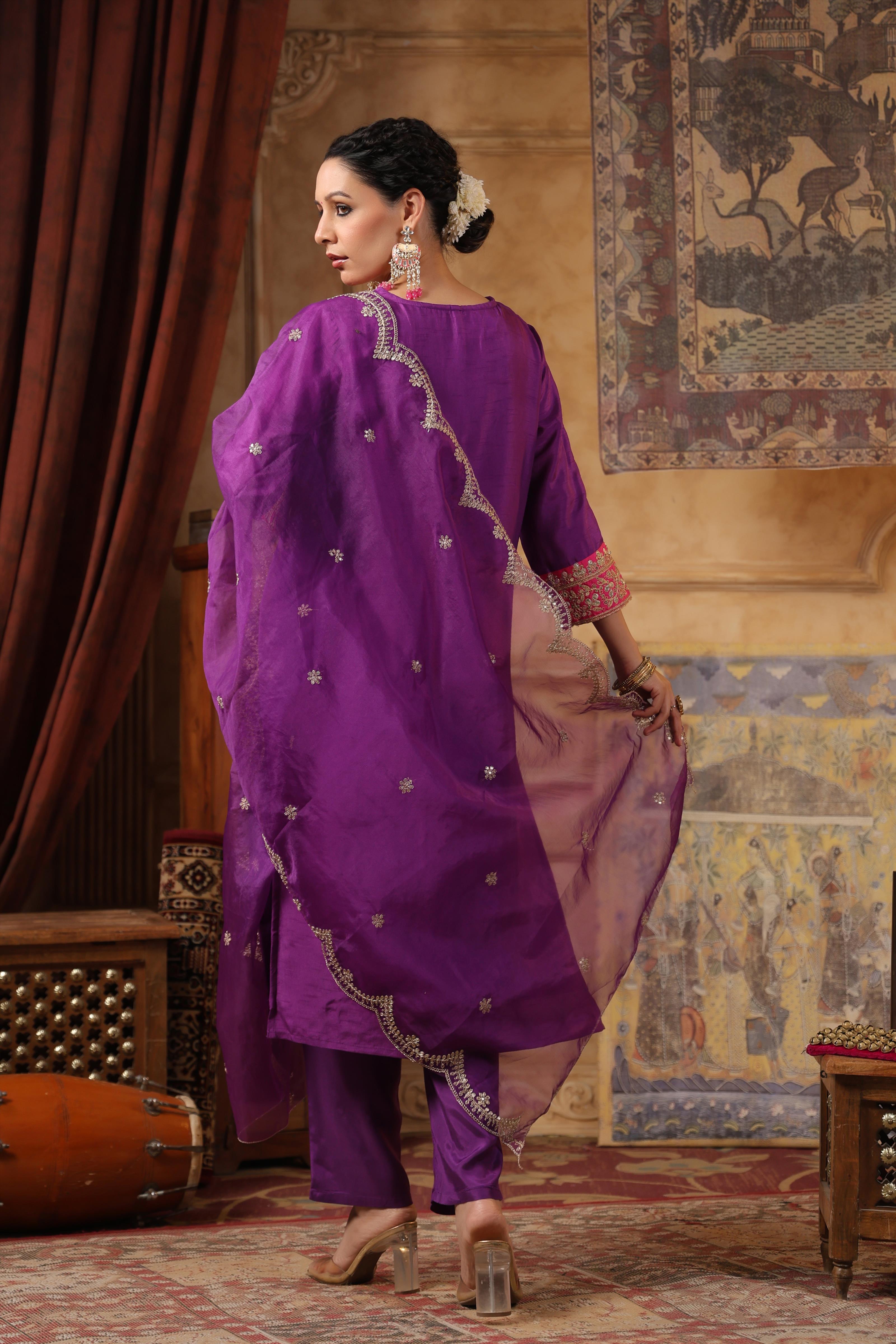 Purple-Fuchsia Dupion Silk Dori-Sequin Work Suit Set