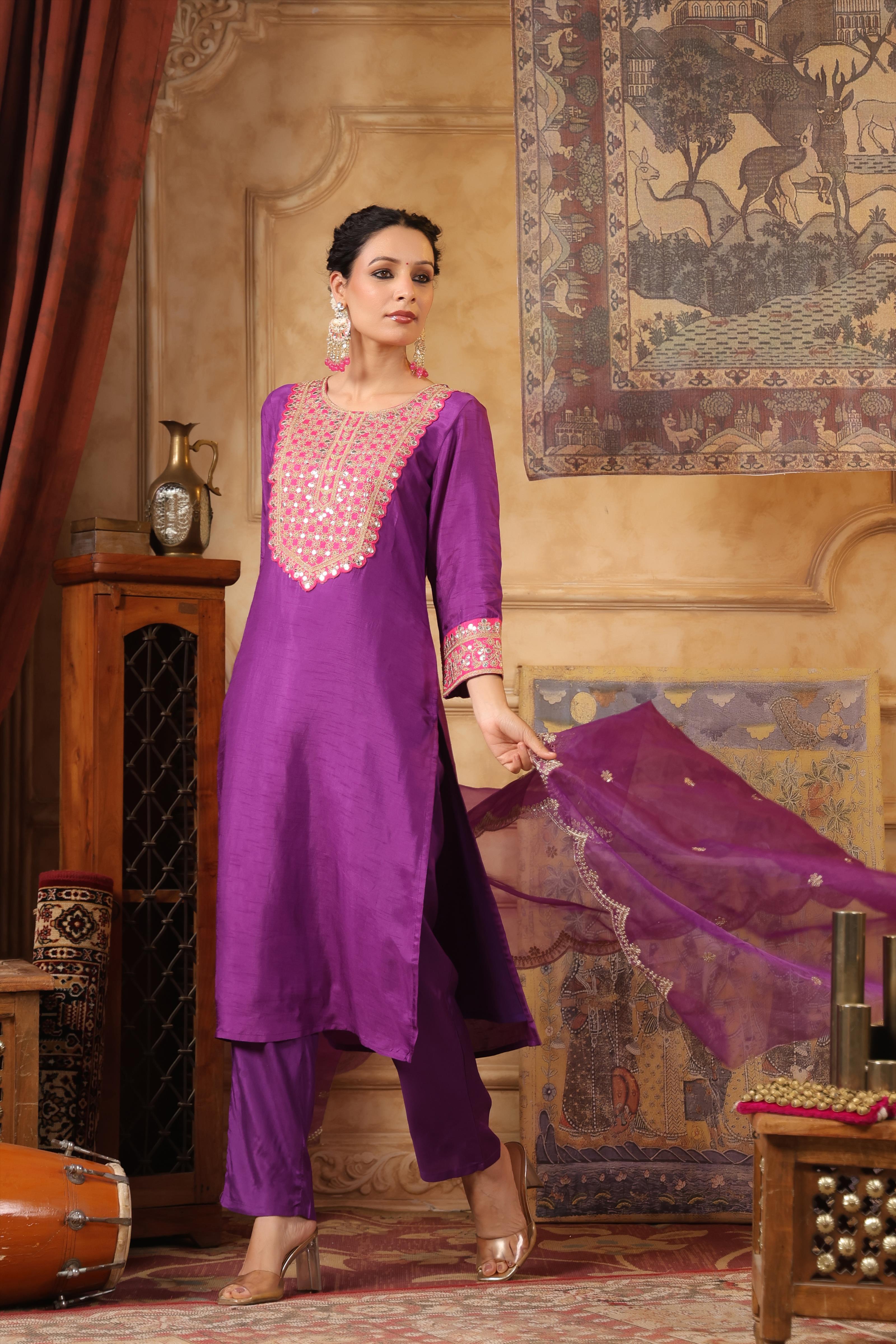 Purple-Fuchsia Dupion Silk Dori-Sequin Work Suit Set