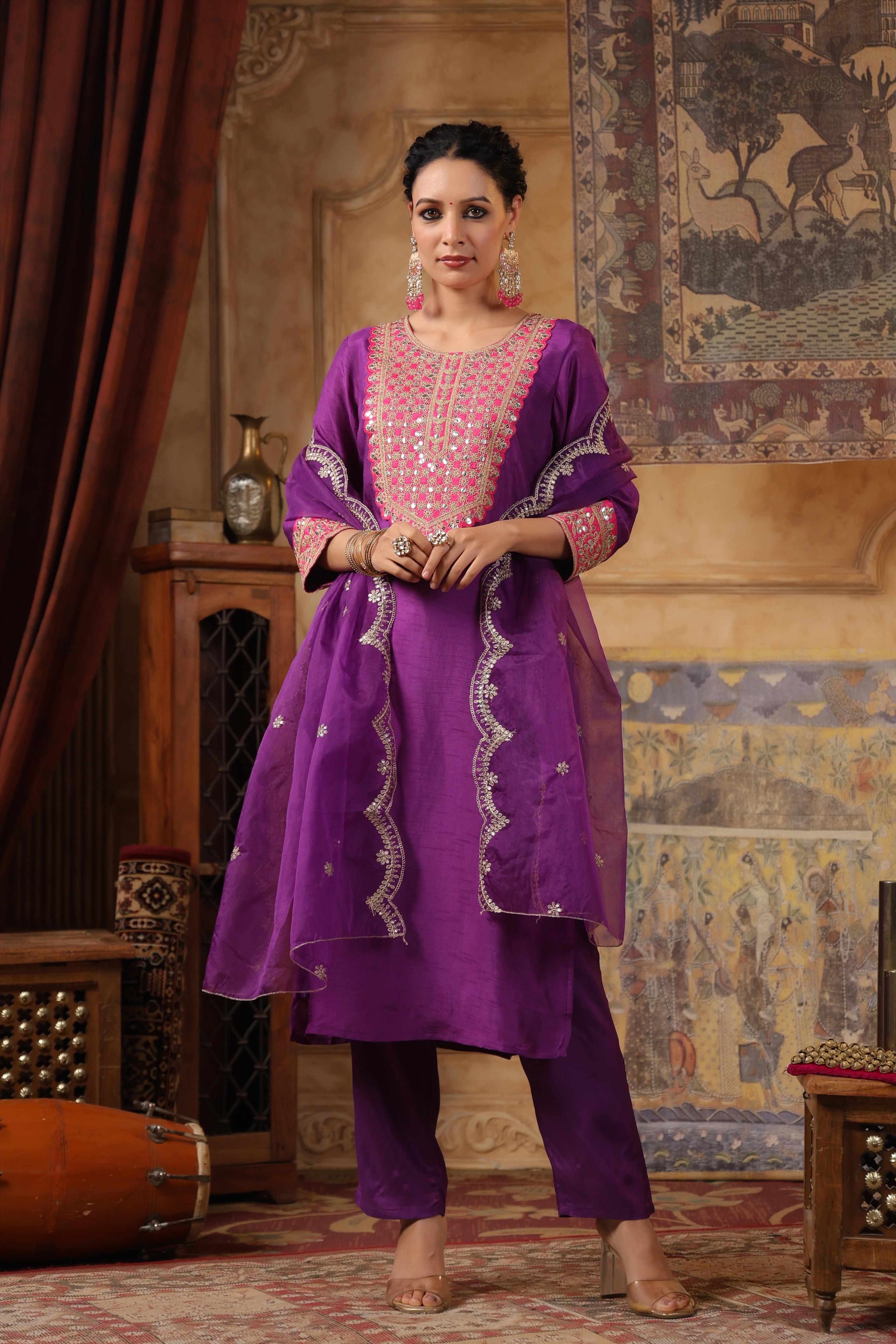 Purple-Fuchsia Dupion Silk Dori-Sequin Work Suit Set