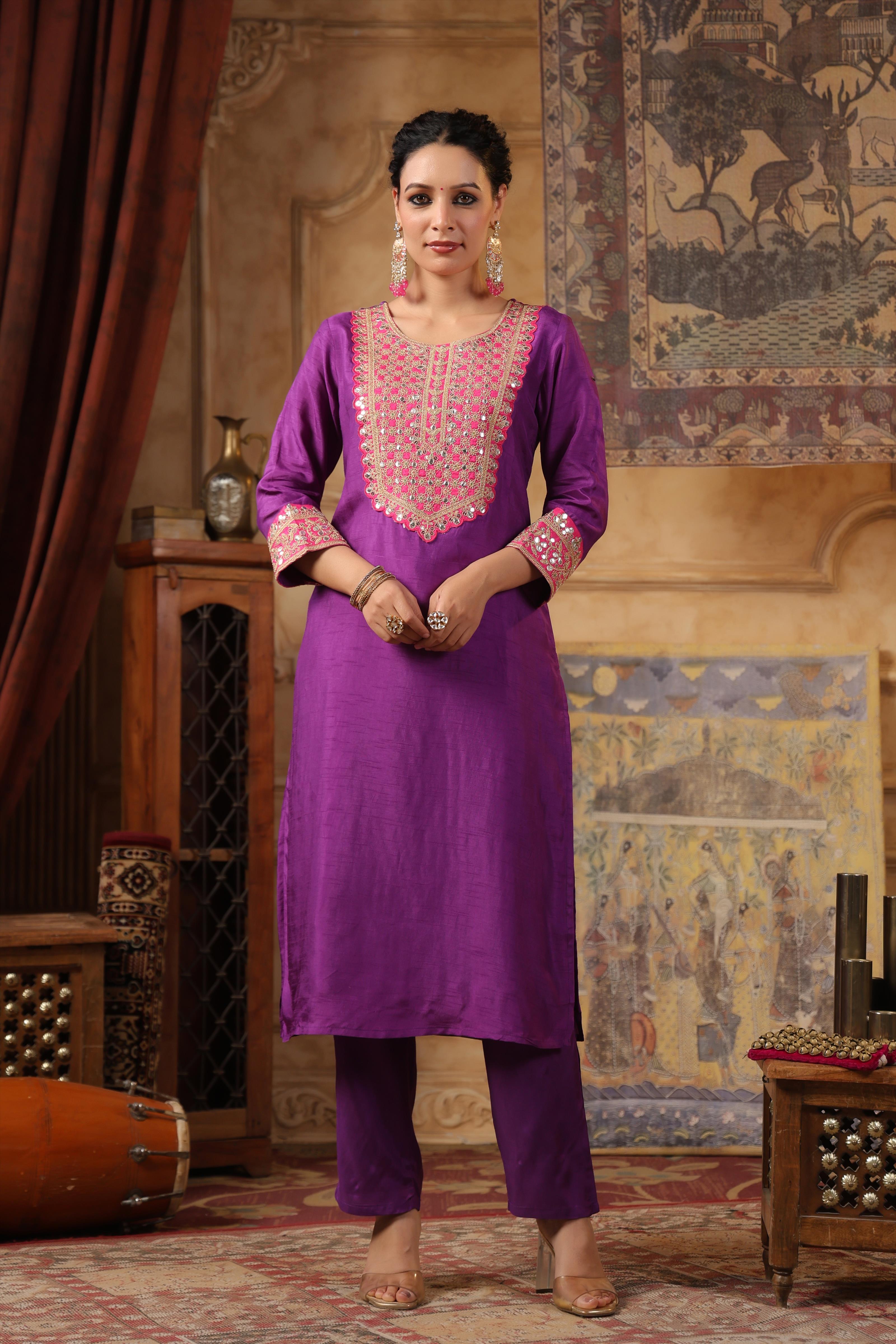 Purple-Fuchsia Dupion Silk Dori-Sequin Work Suit Set