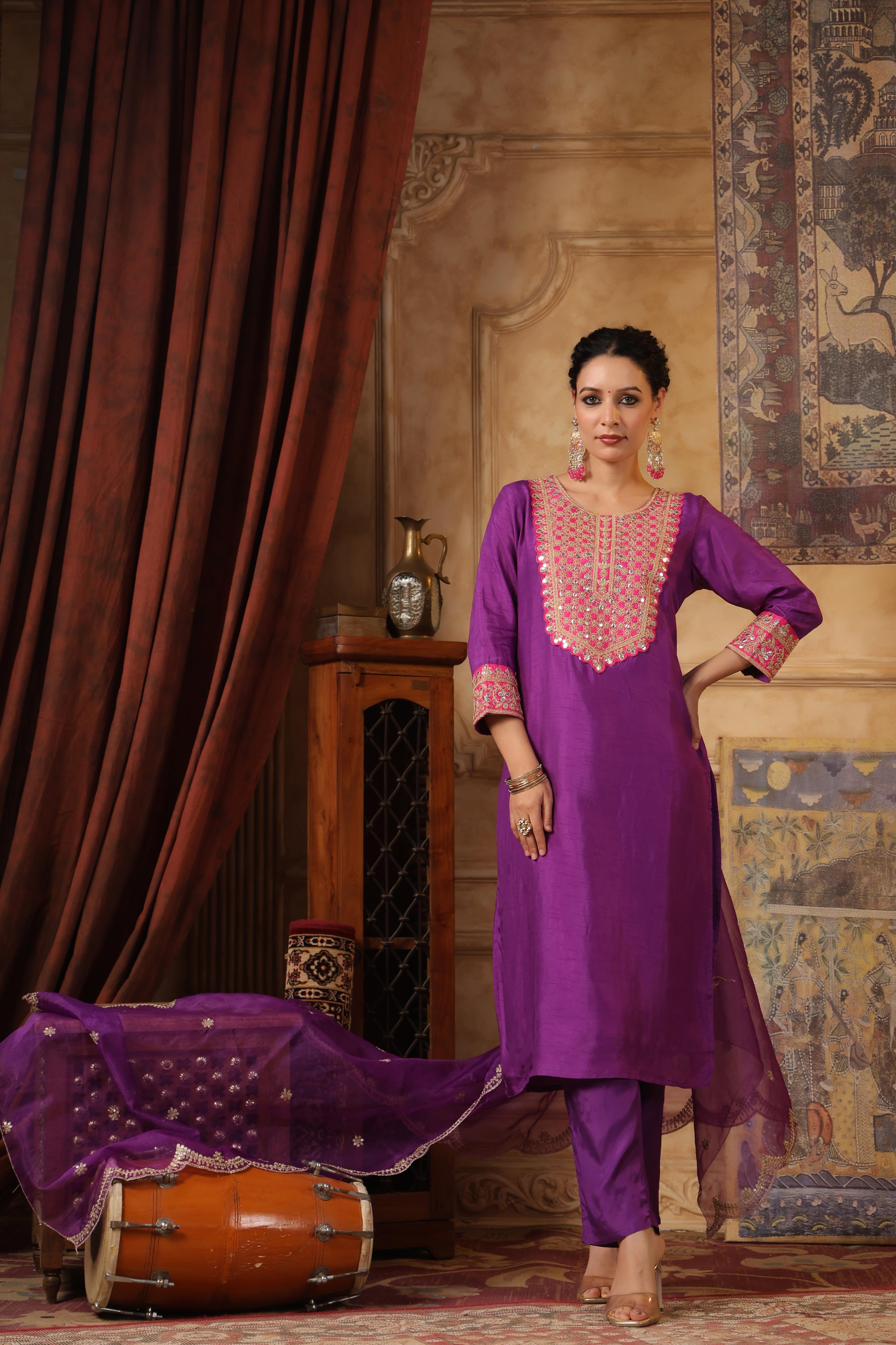 Purple-Fuchsia Dupion Silk Dori-Sequin Work Suit Set