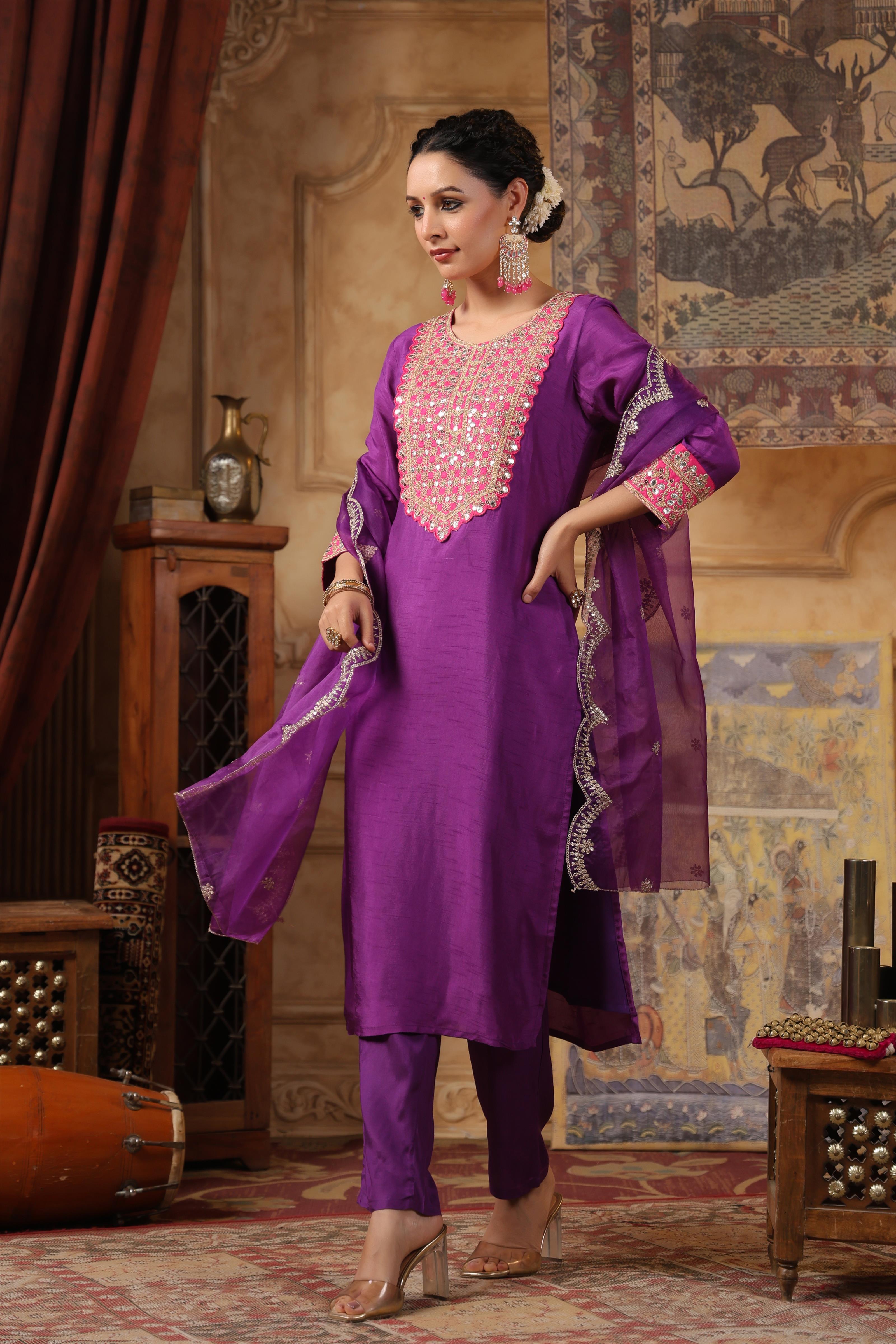 Purple-Fuchsia Dupion Silk Dori-Sequin Work Suit Set