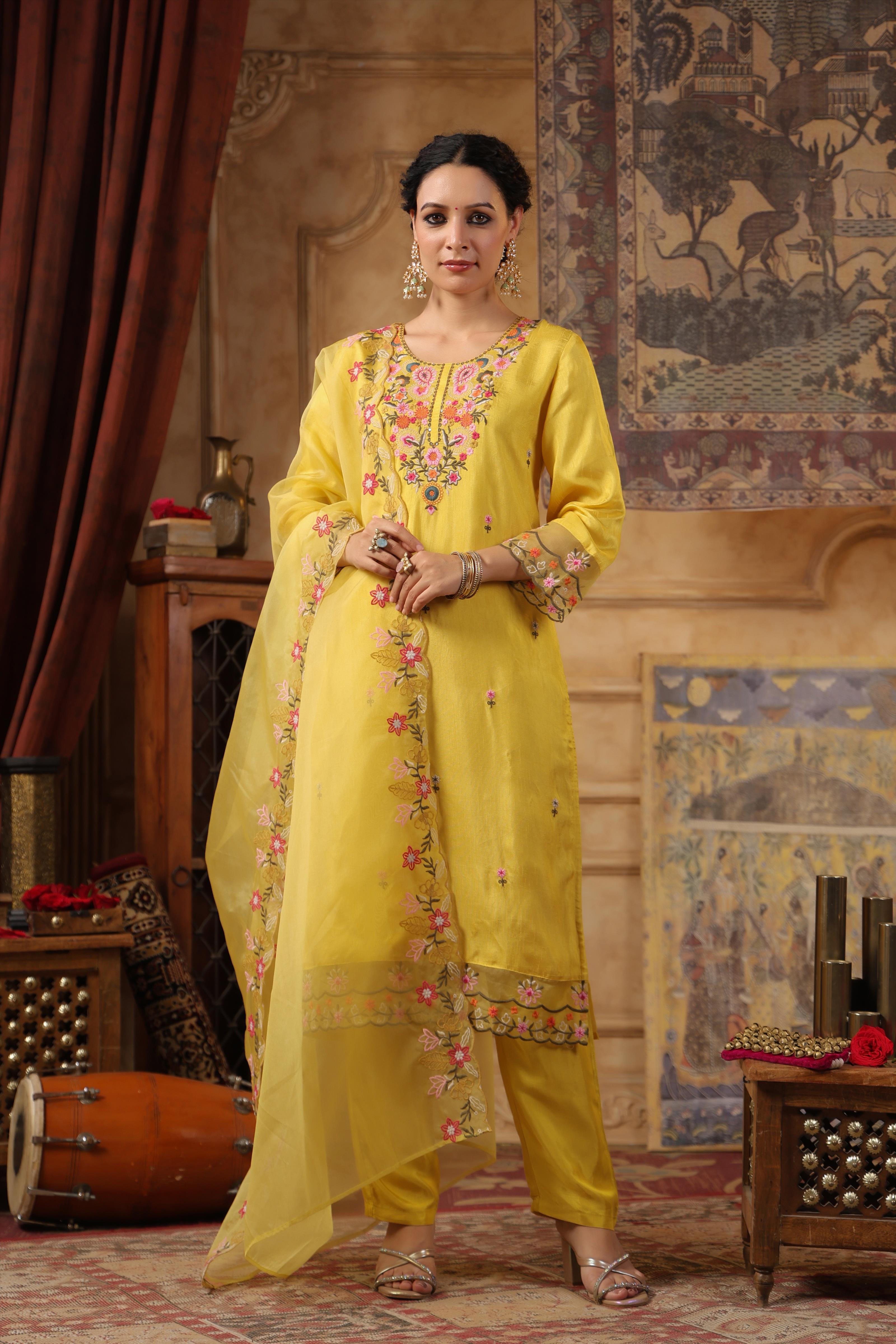 Lime Green Dupion Silk Floral Embroidered Suit Set