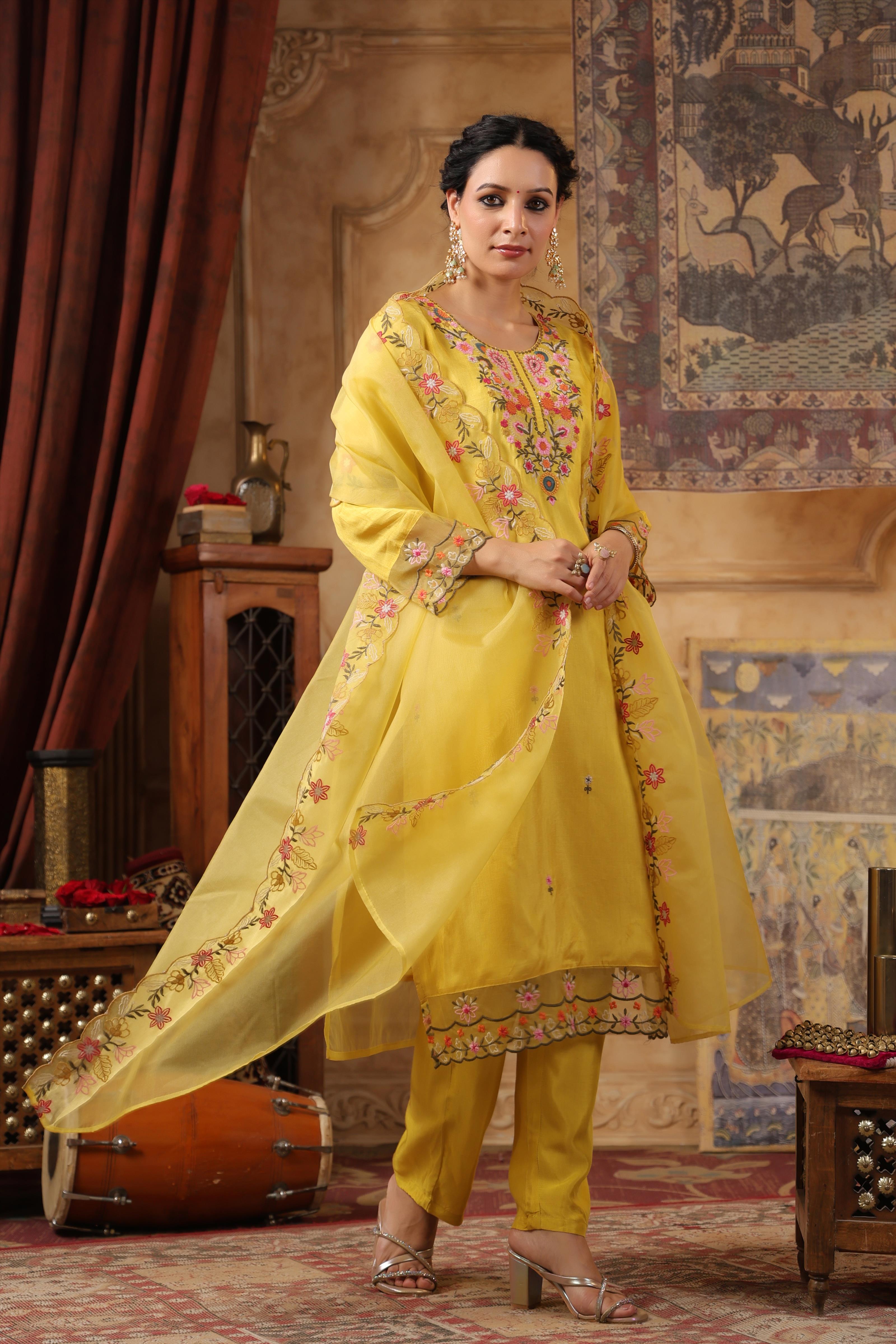 Lime Green Dupion Silk Floral Embroidered Suit Set