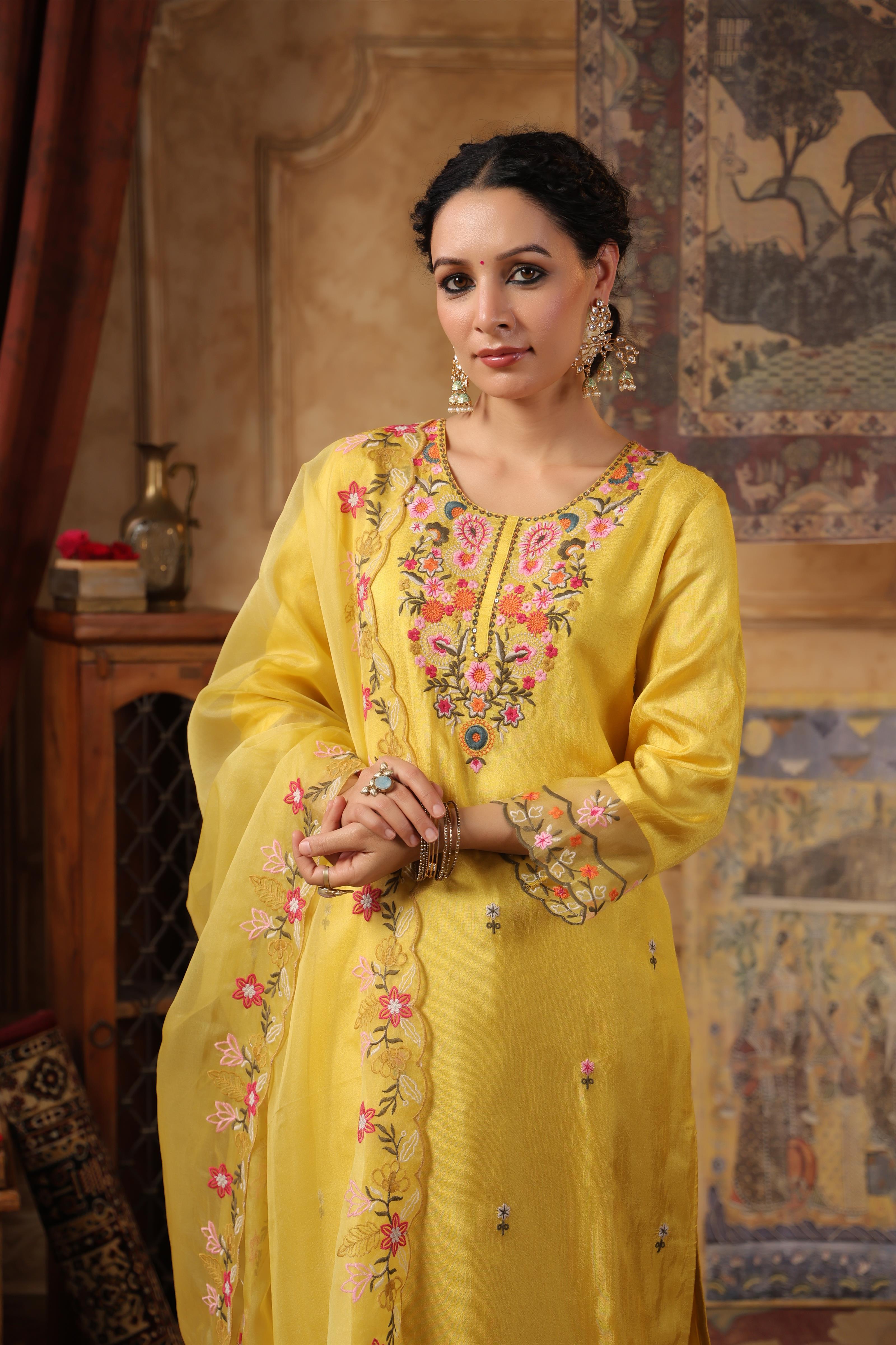 Lime Green Dupion Silk Floral Embroidered Suit Set