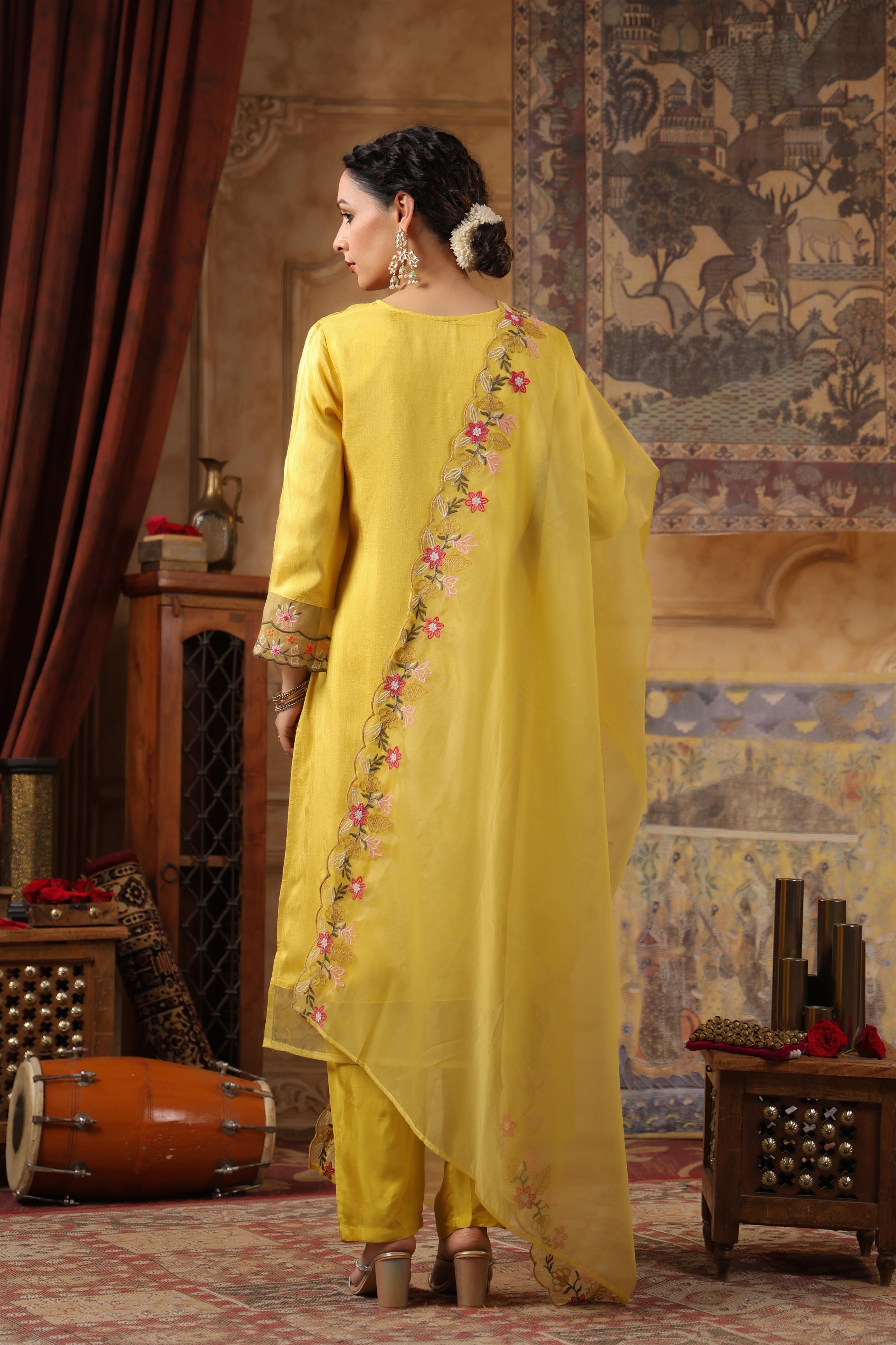 Lime Green Dupion Silk Floral Embroidered Suit Set