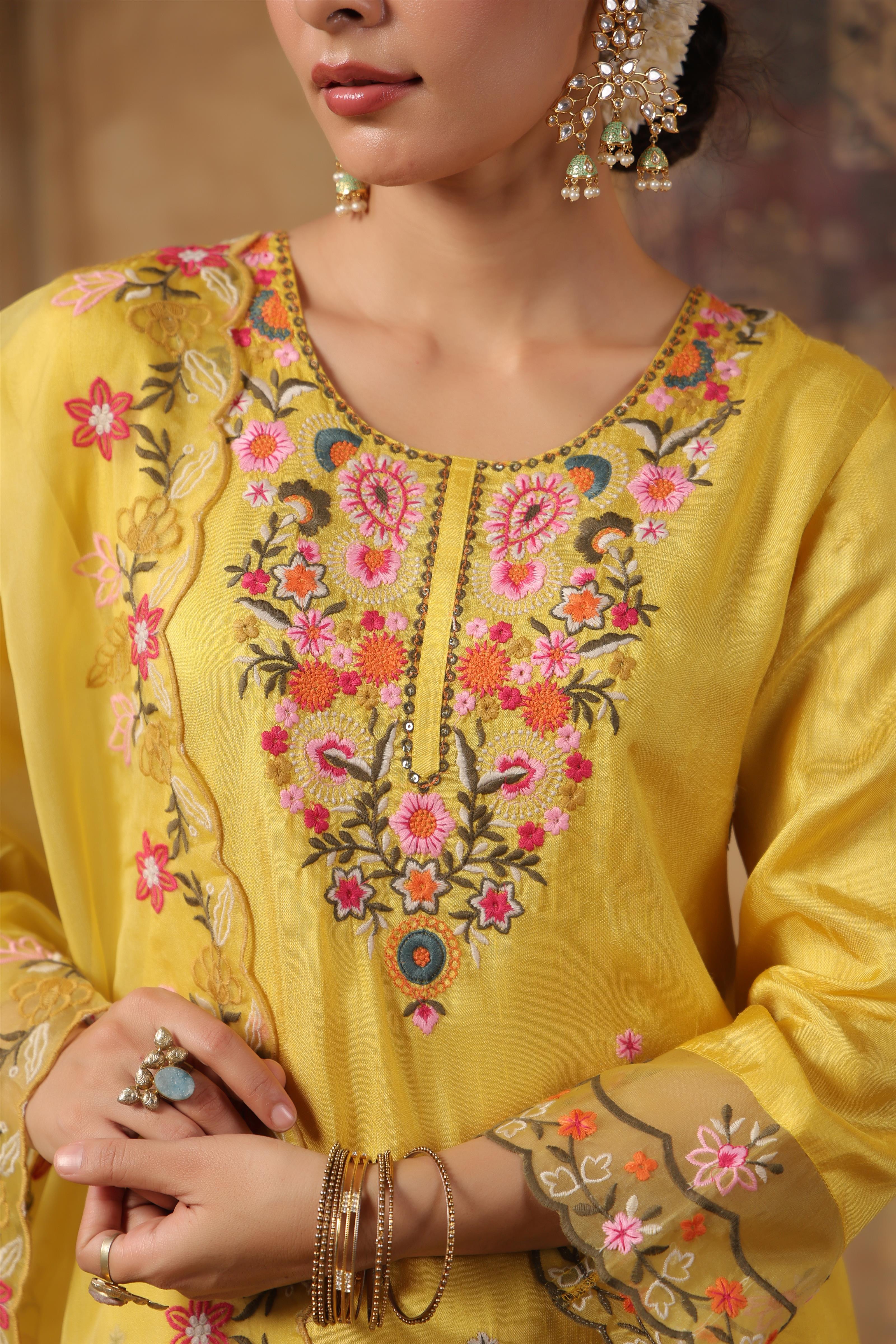 Lime Green Dupion Silk Floral Embroidered Suit Set