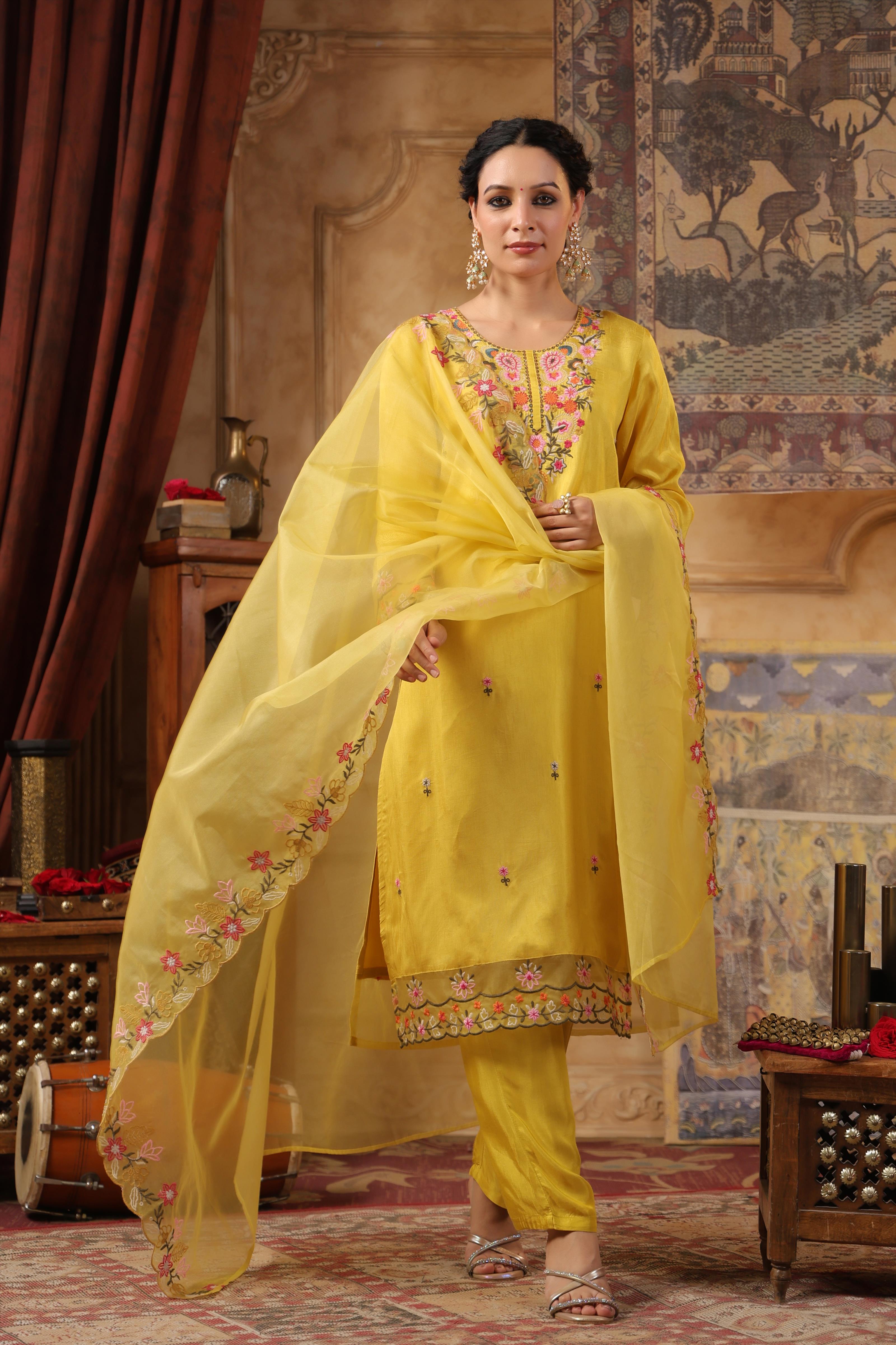 Lime Green Dupion Silk Floral Embroidered Suit Set