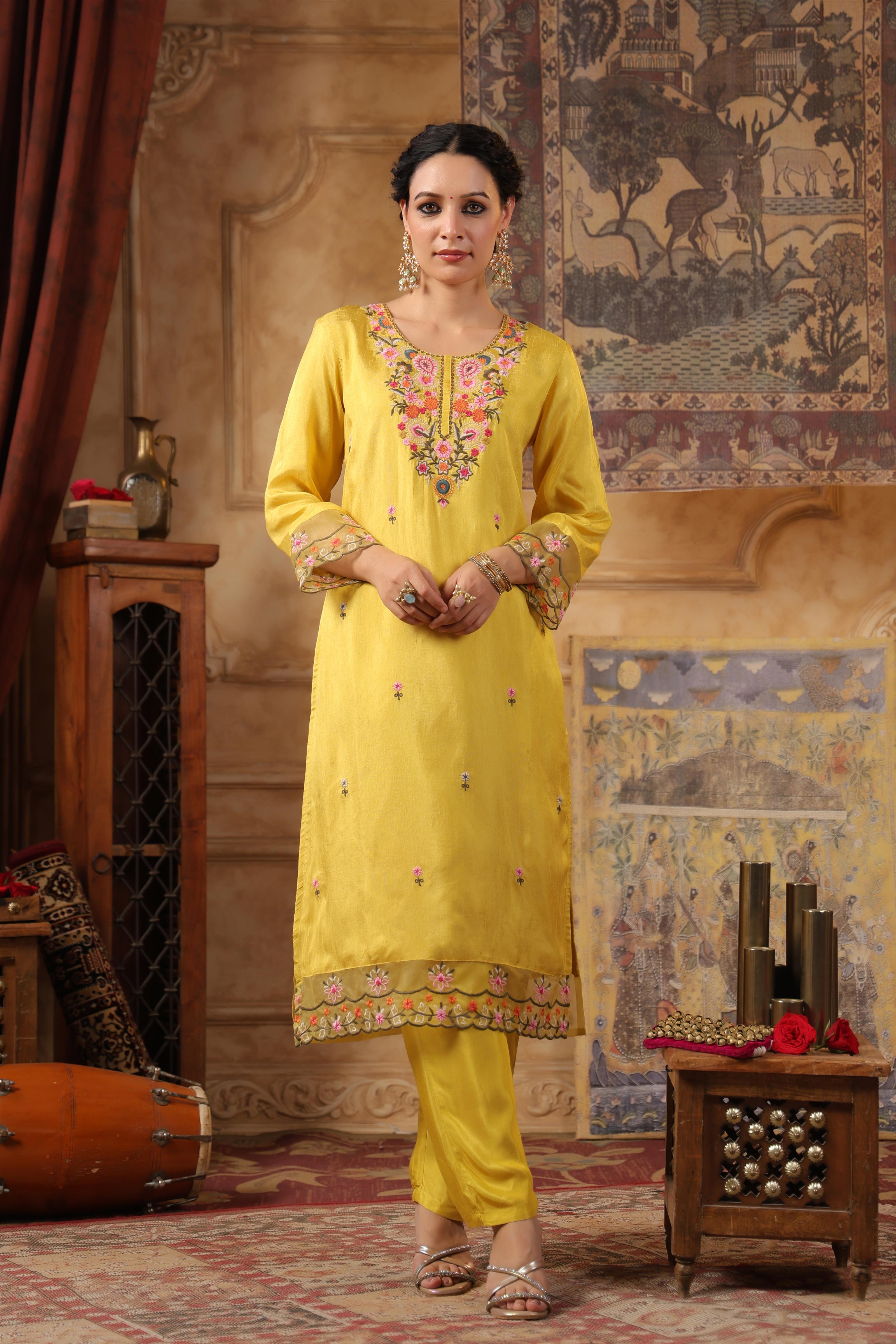 Lime Green Dupion Silk Floral Embroidered Suit Set