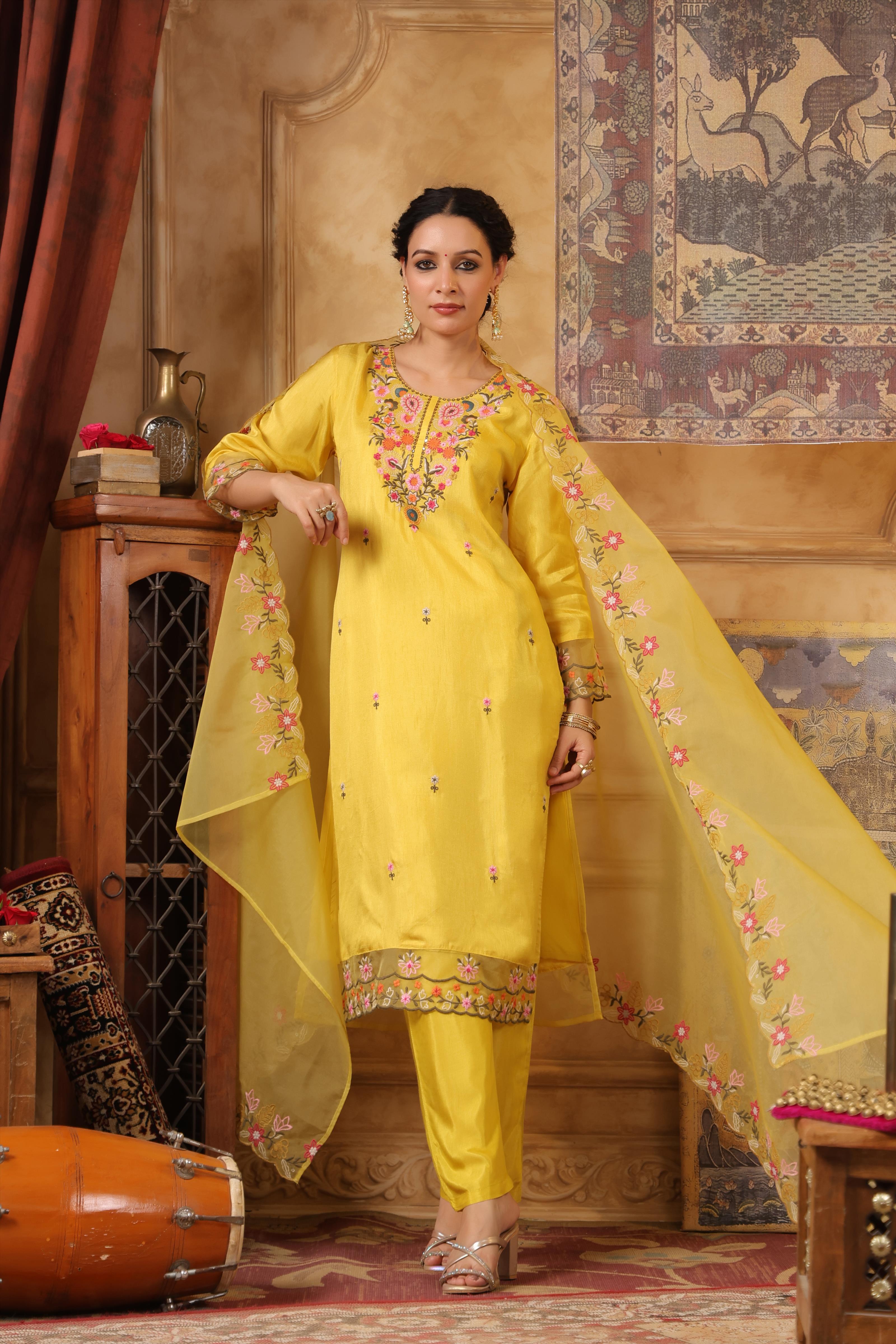 Lime Green Dupion Silk Floral Embroidered Suit Set