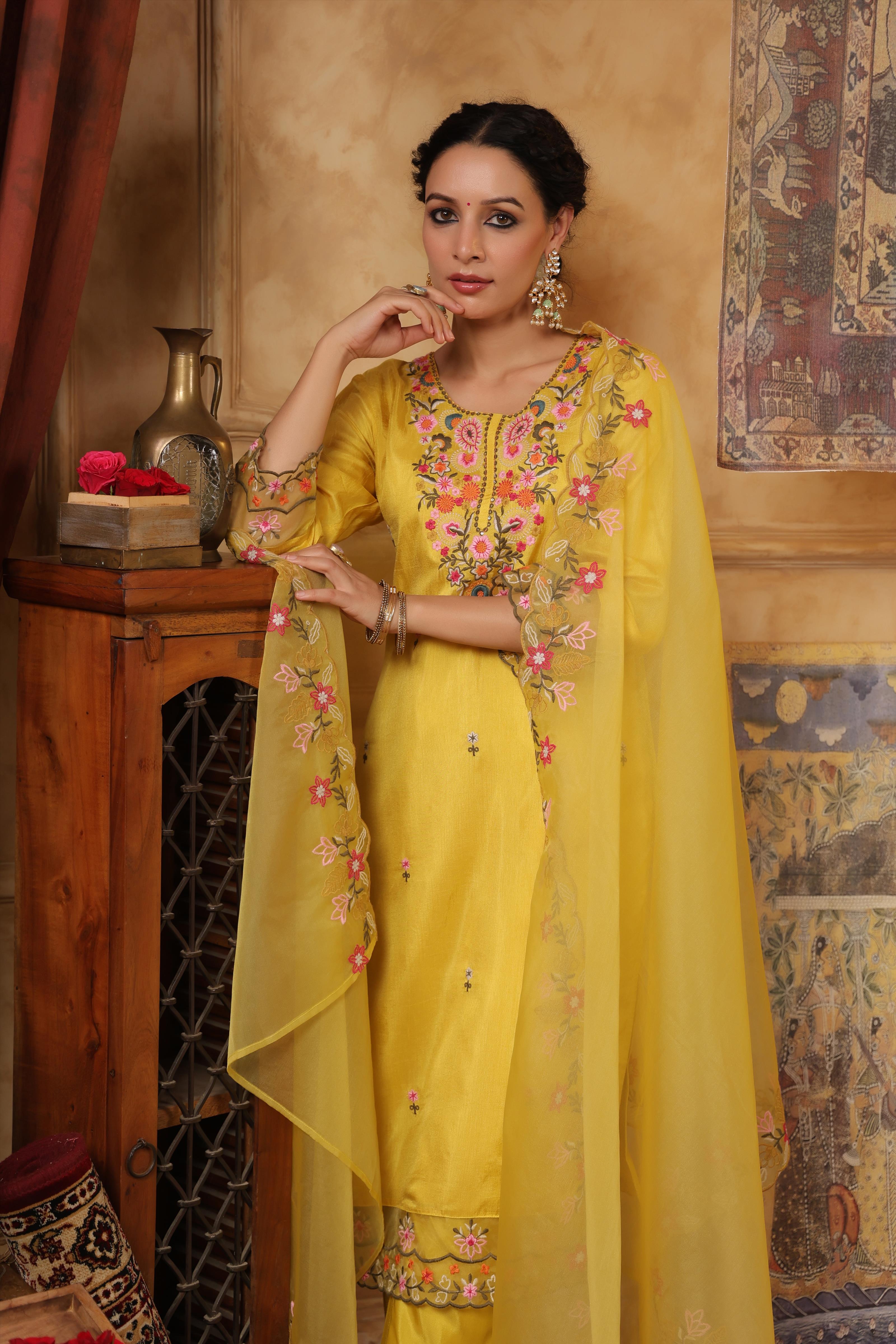 Lime Green Dupion Silk Floral Embroidered Suit Set