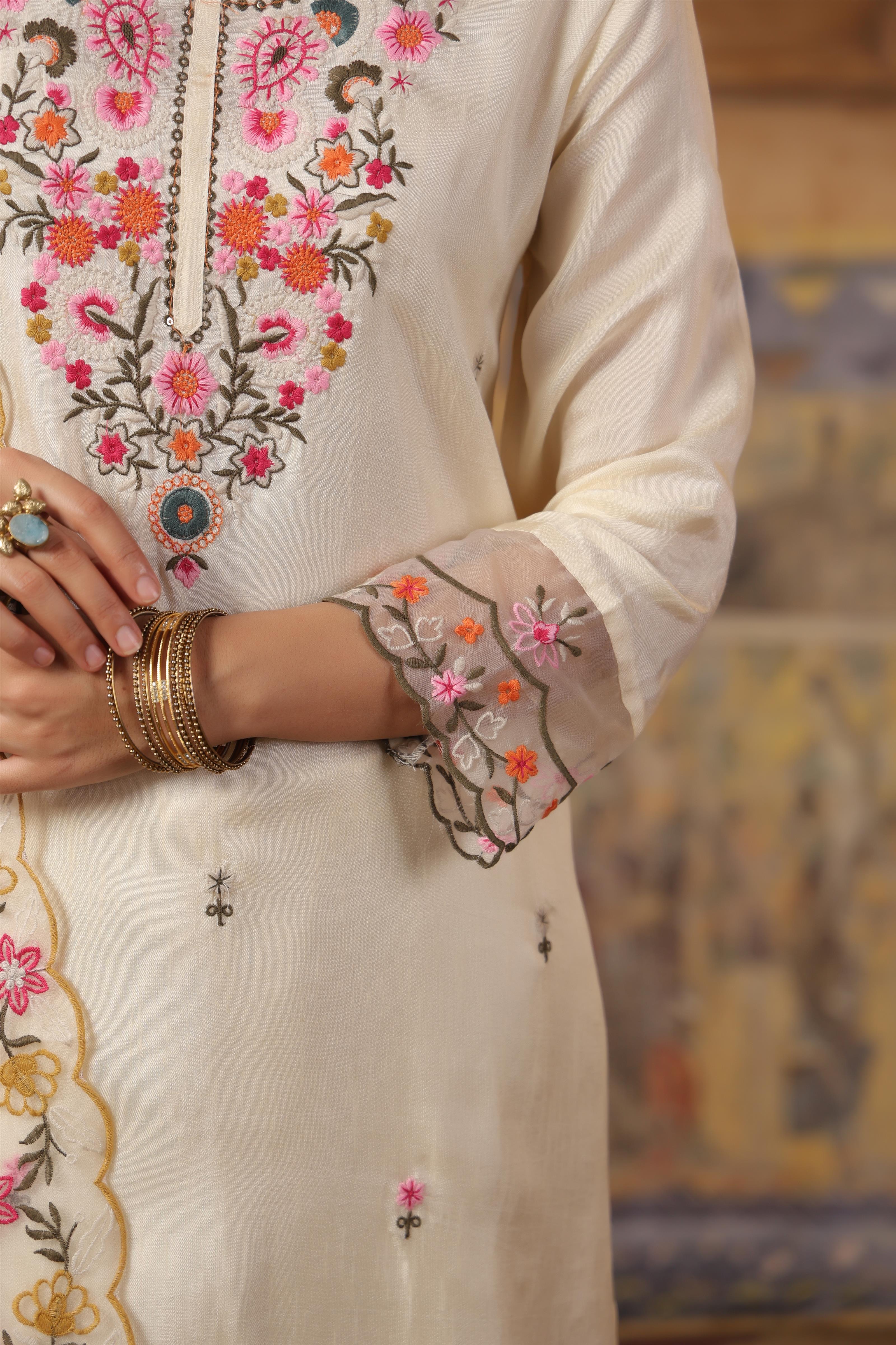 Ivory Dupion Silk Floral Embroidered Suit Set