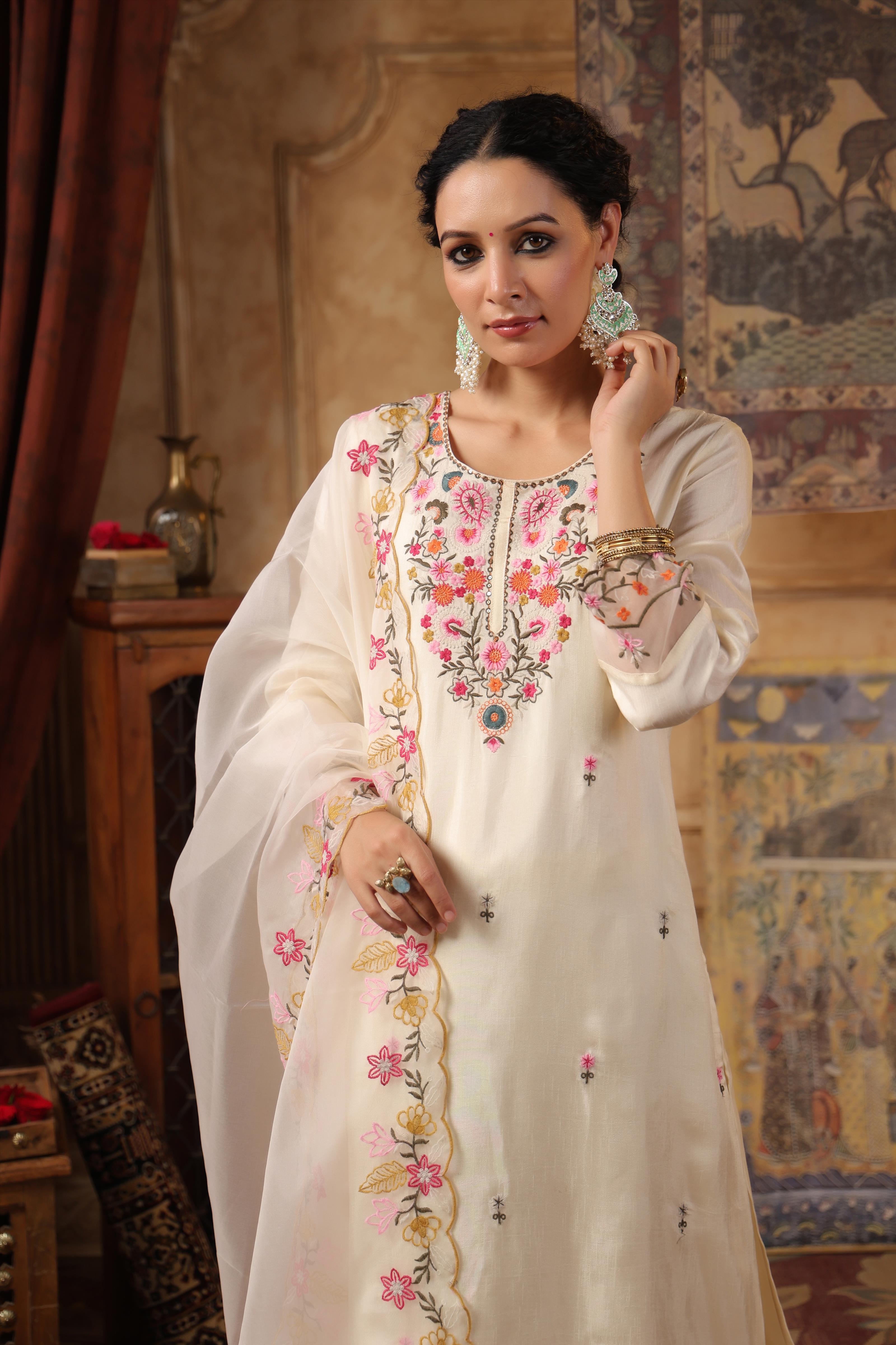 Ivory Dupion Silk Floral Embroidered Suit Set