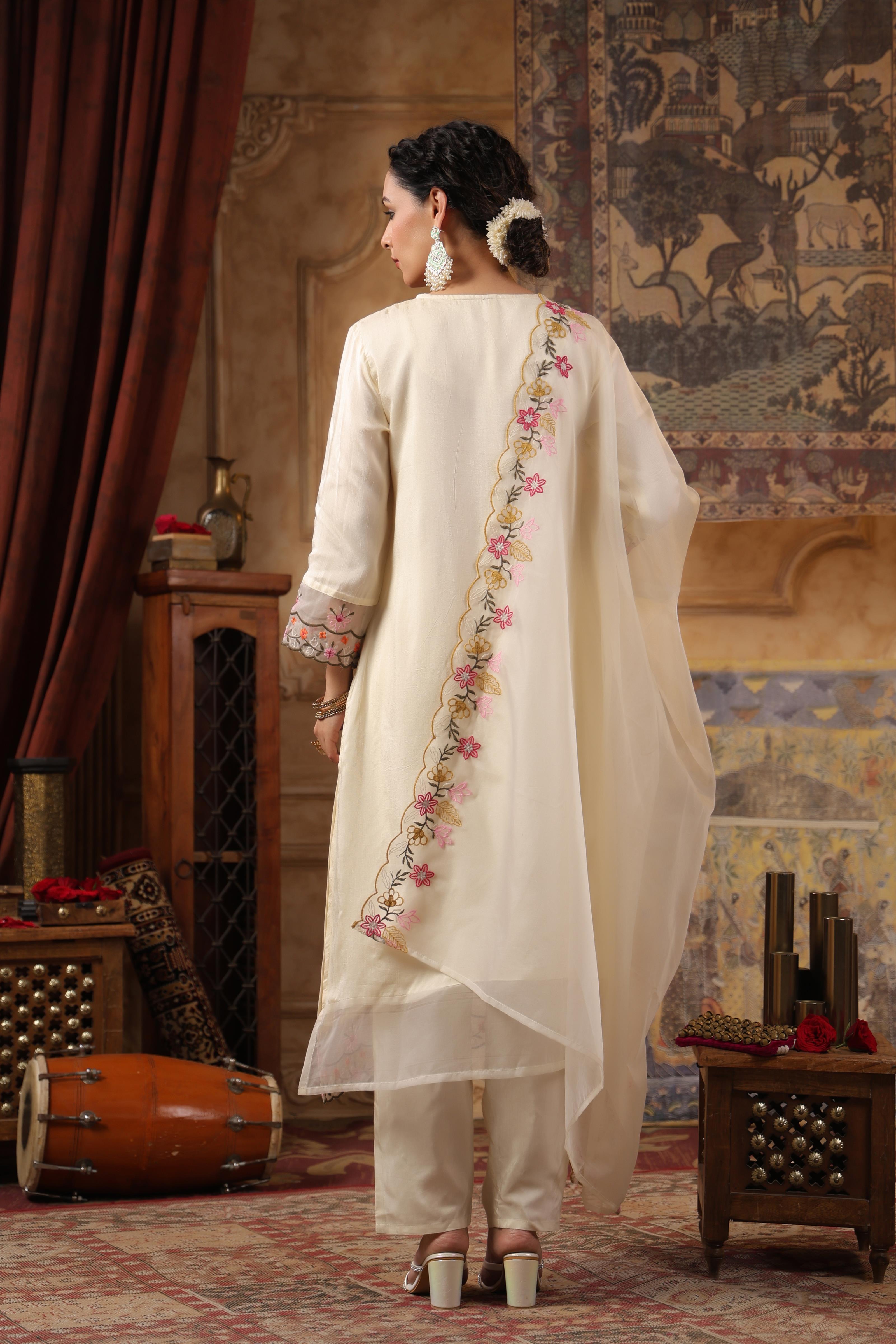 Ivory Dupion Silk Floral Embroidered Suit Set