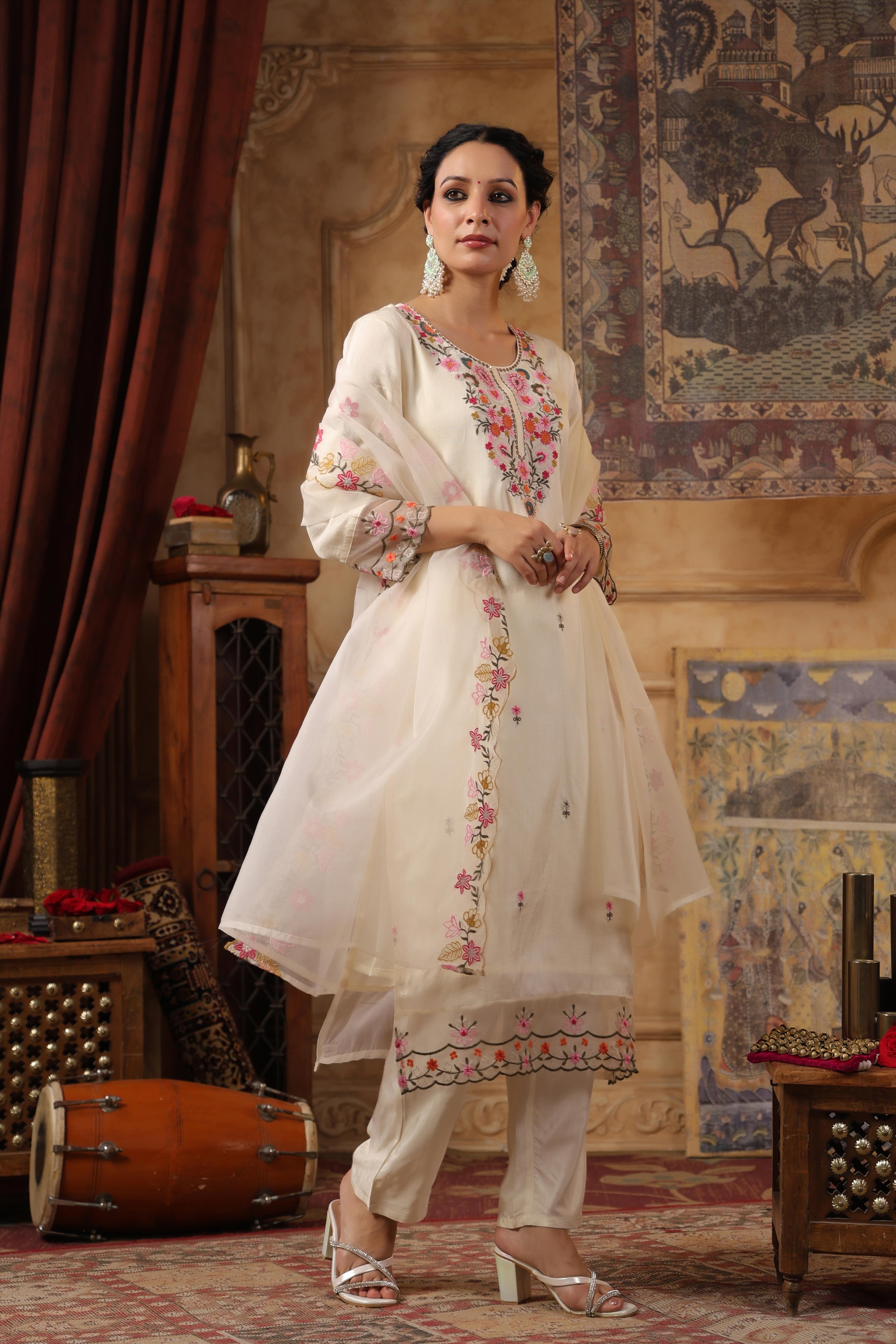 Ivory Dupion Silk Floral Embroidered Suit Set