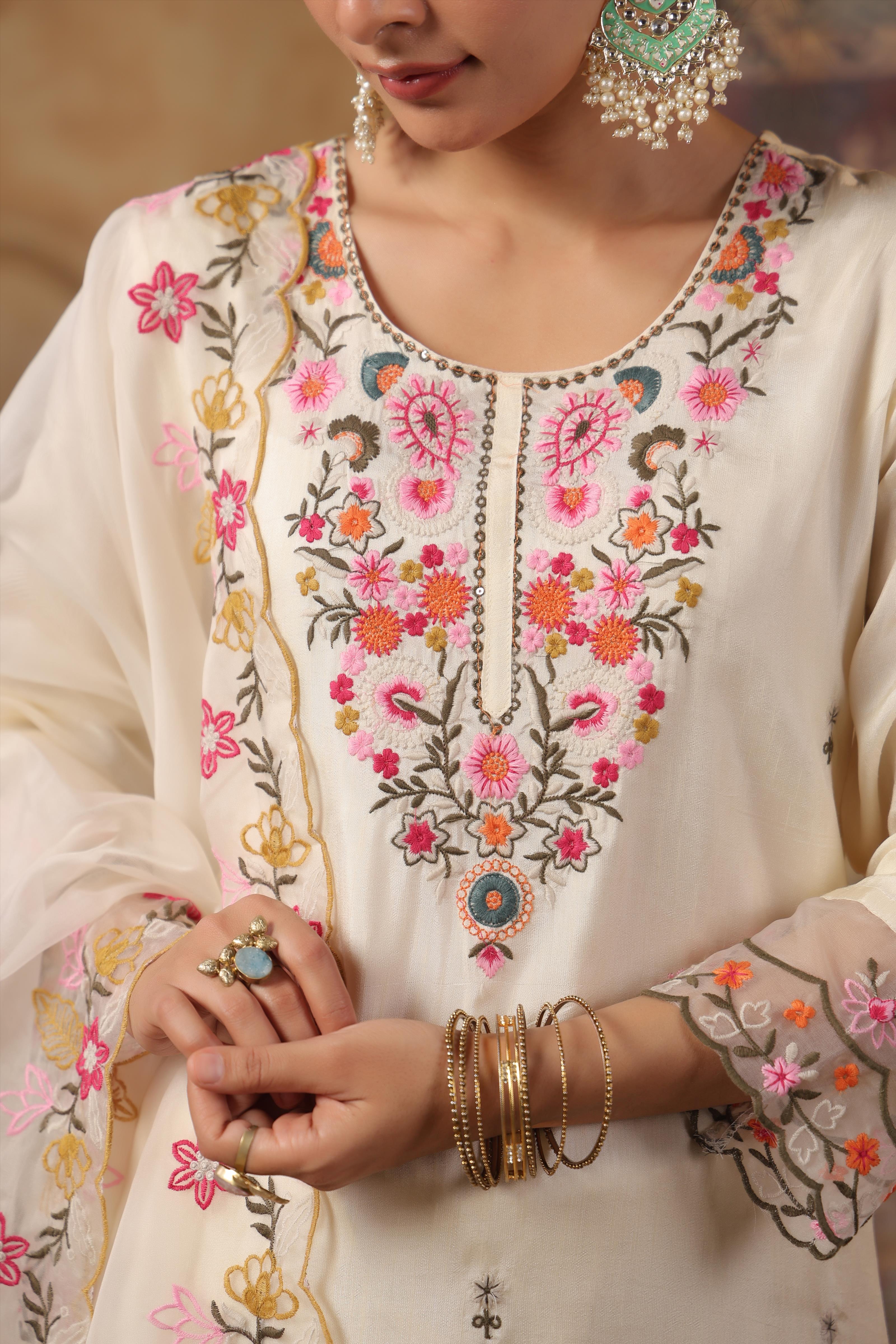 Ivory Dupion Silk Floral Embroidered Suit Set