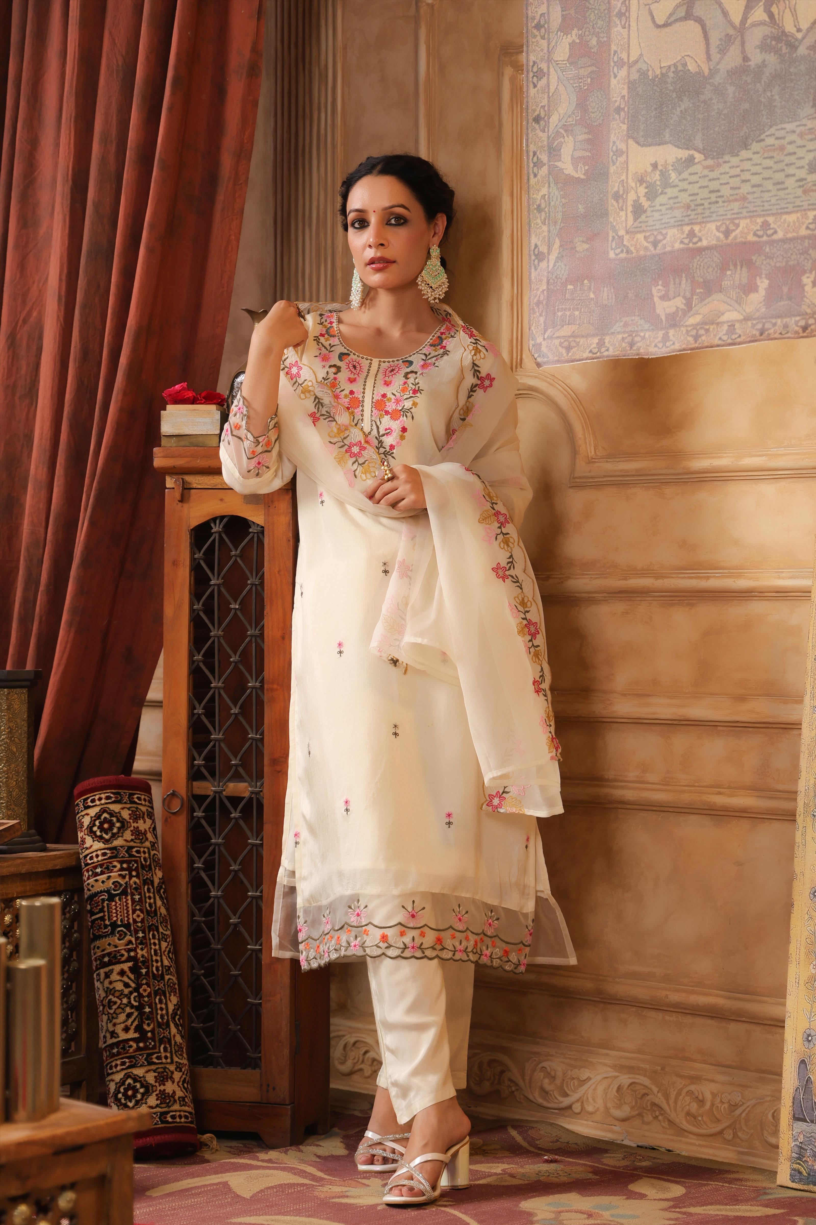 Ivory Dupion Silk Floral Embroidered Suit Set