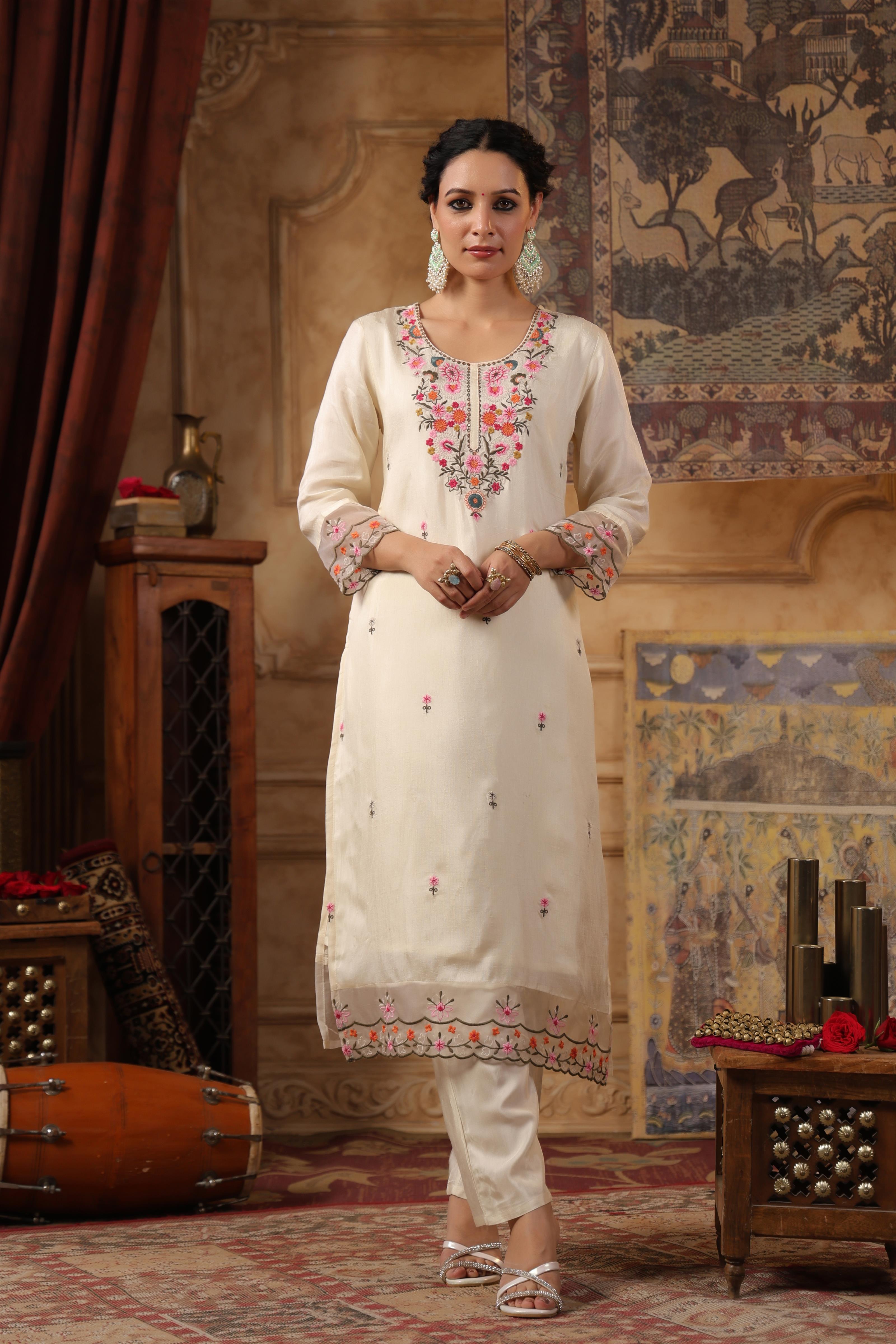 Ivory Dupion Silk Floral Embroidered Suit Set