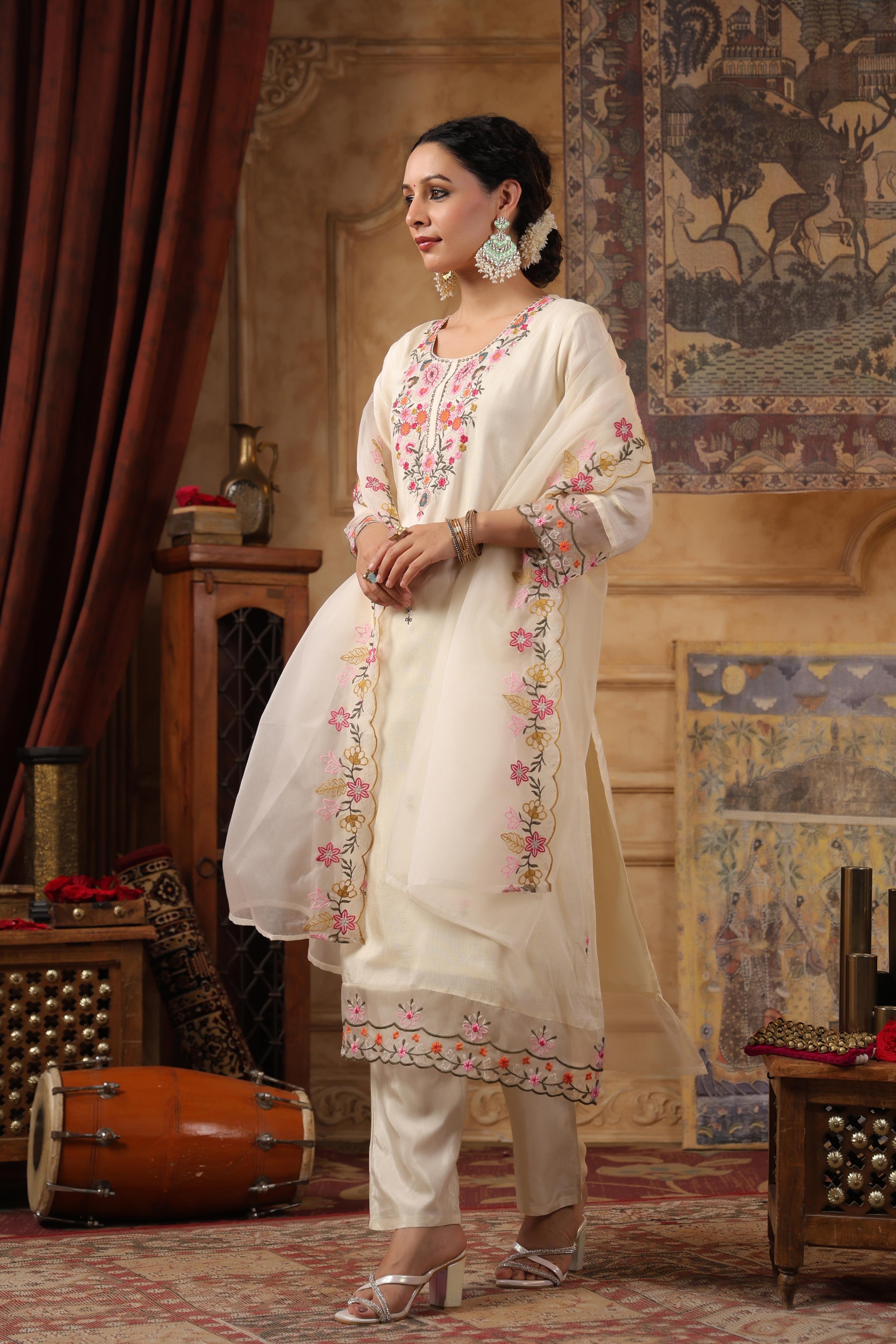 Ivory Dupion Silk Floral Embroidered Suit Set