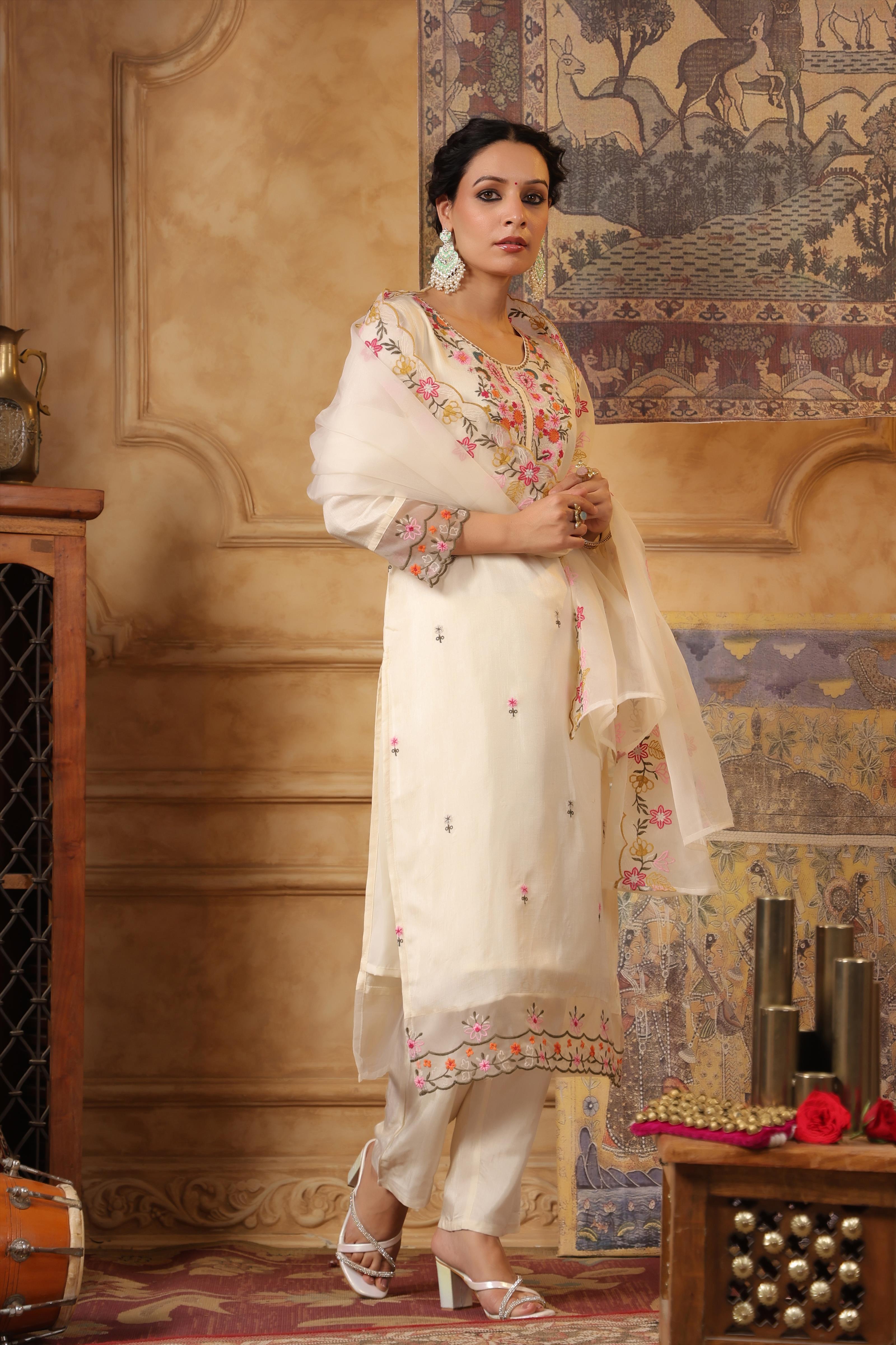 Ivory Dupion Silk Floral Embroidered Suit Set