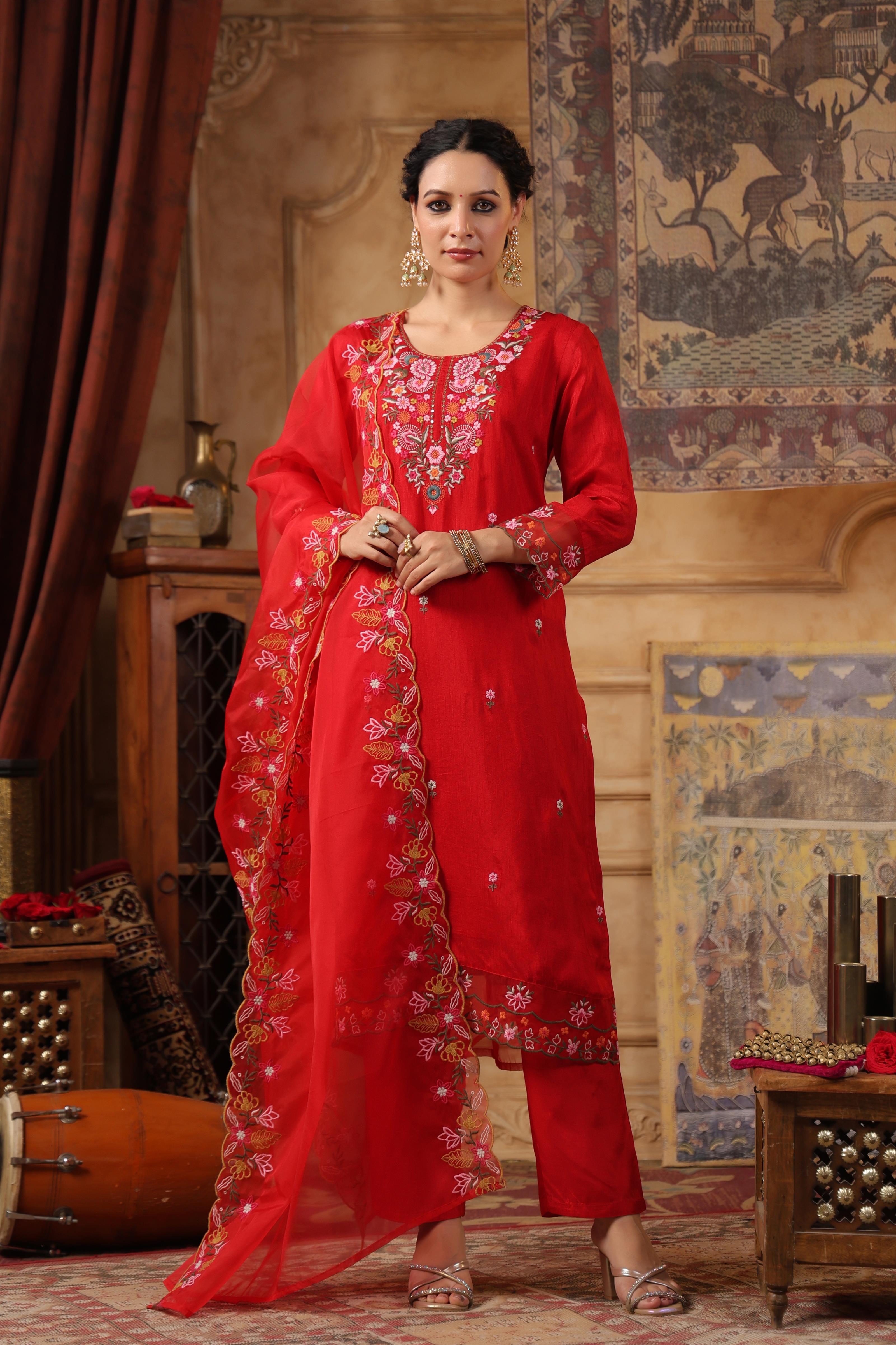 Red Dupion Silk Floral Embroidered Suit Set