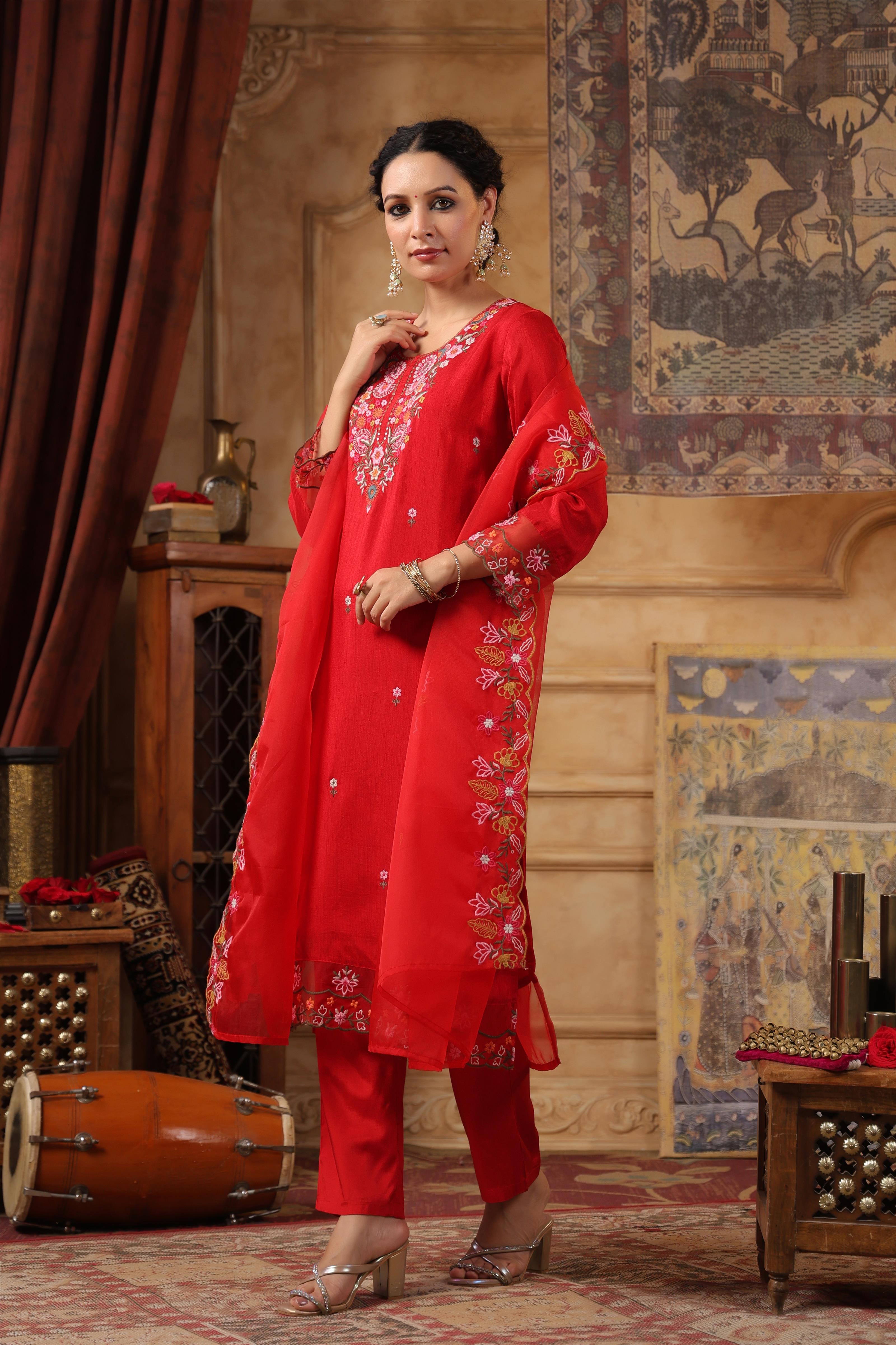 Red Dupion Silk Floral Embroidered Suit Set