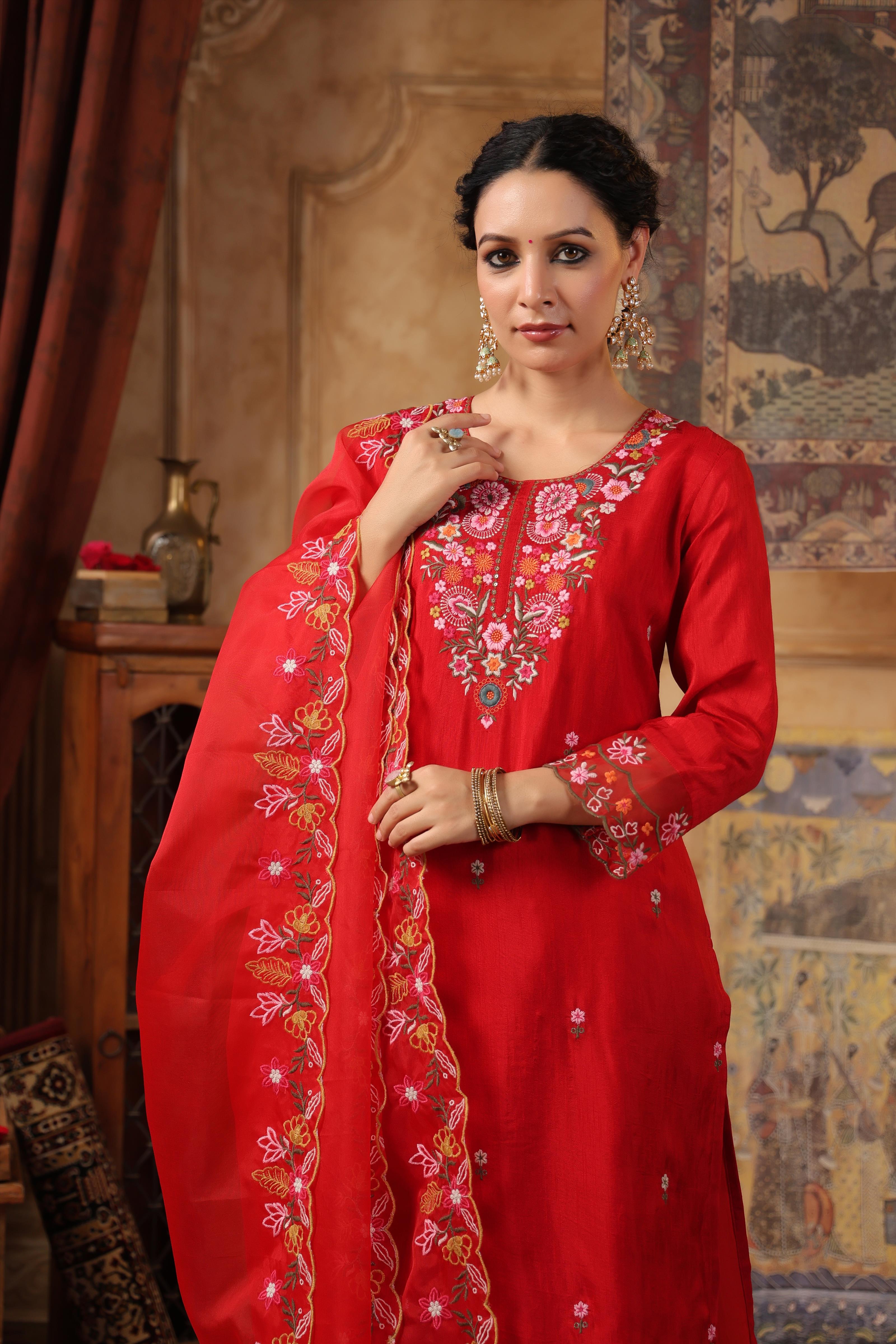 Red Dupion Silk Floral Embroidered Suit Set