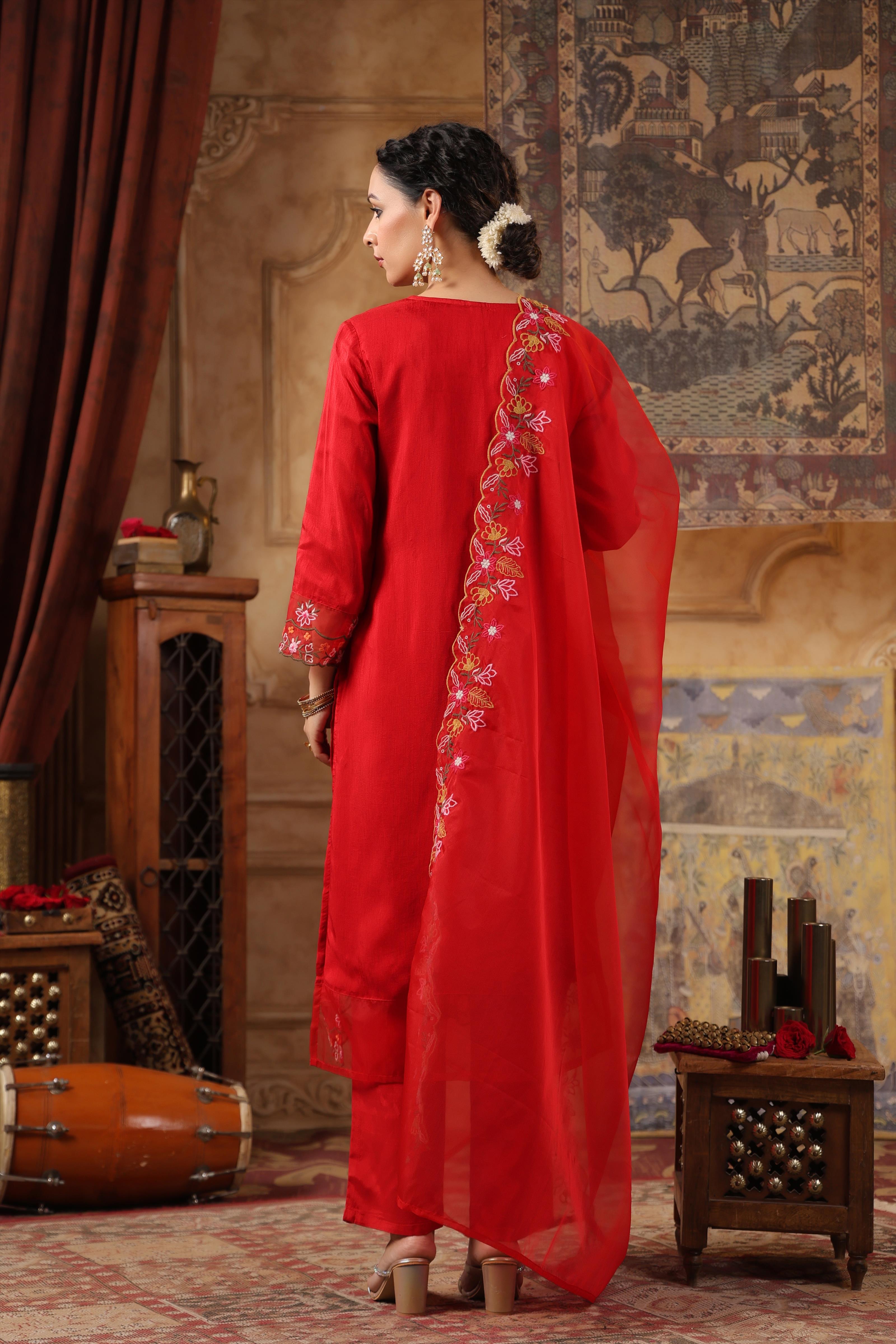 Red Dupion Silk Floral Embroidered Suit Set