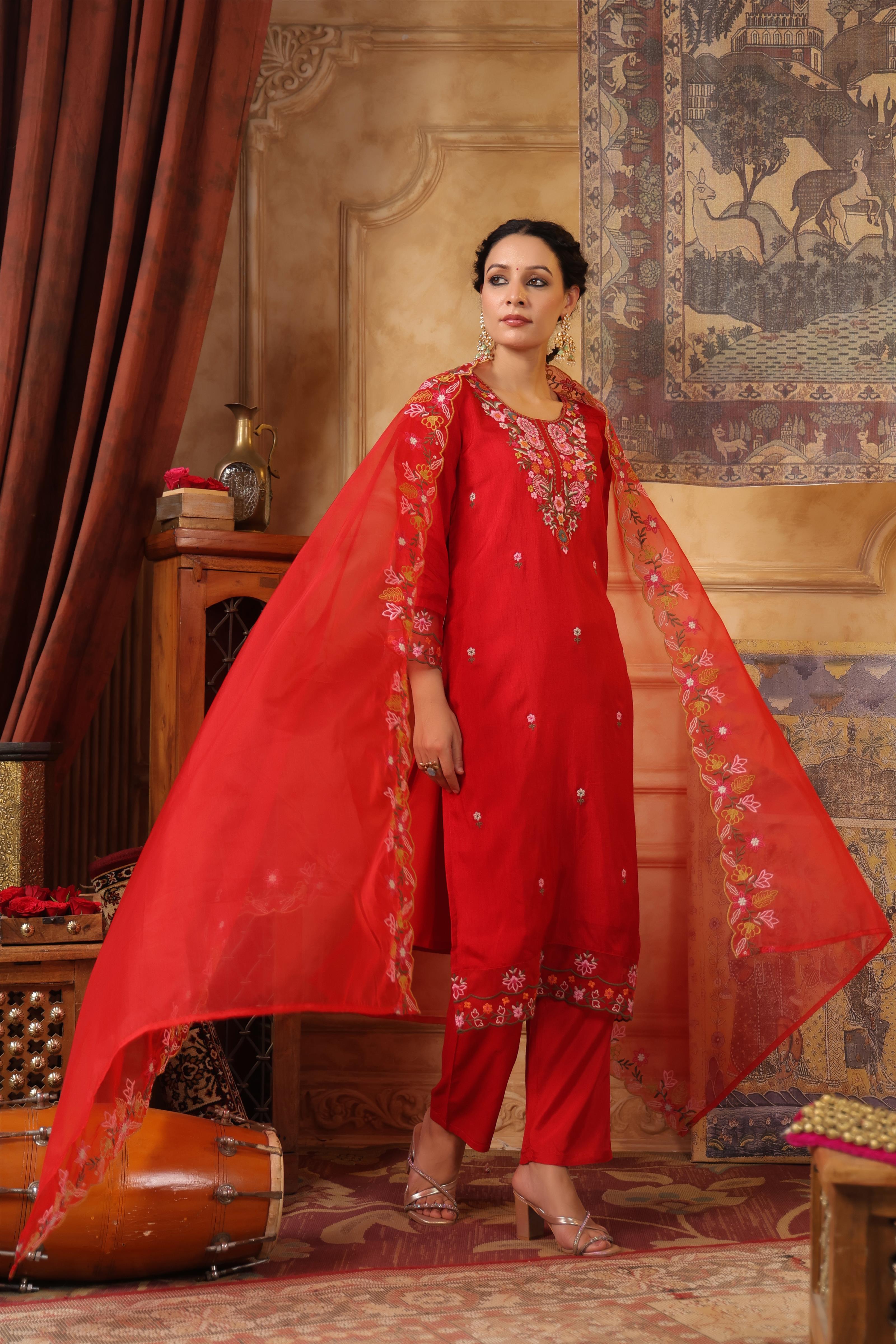 Red Dupion Silk Floral Embroidered Suit Set