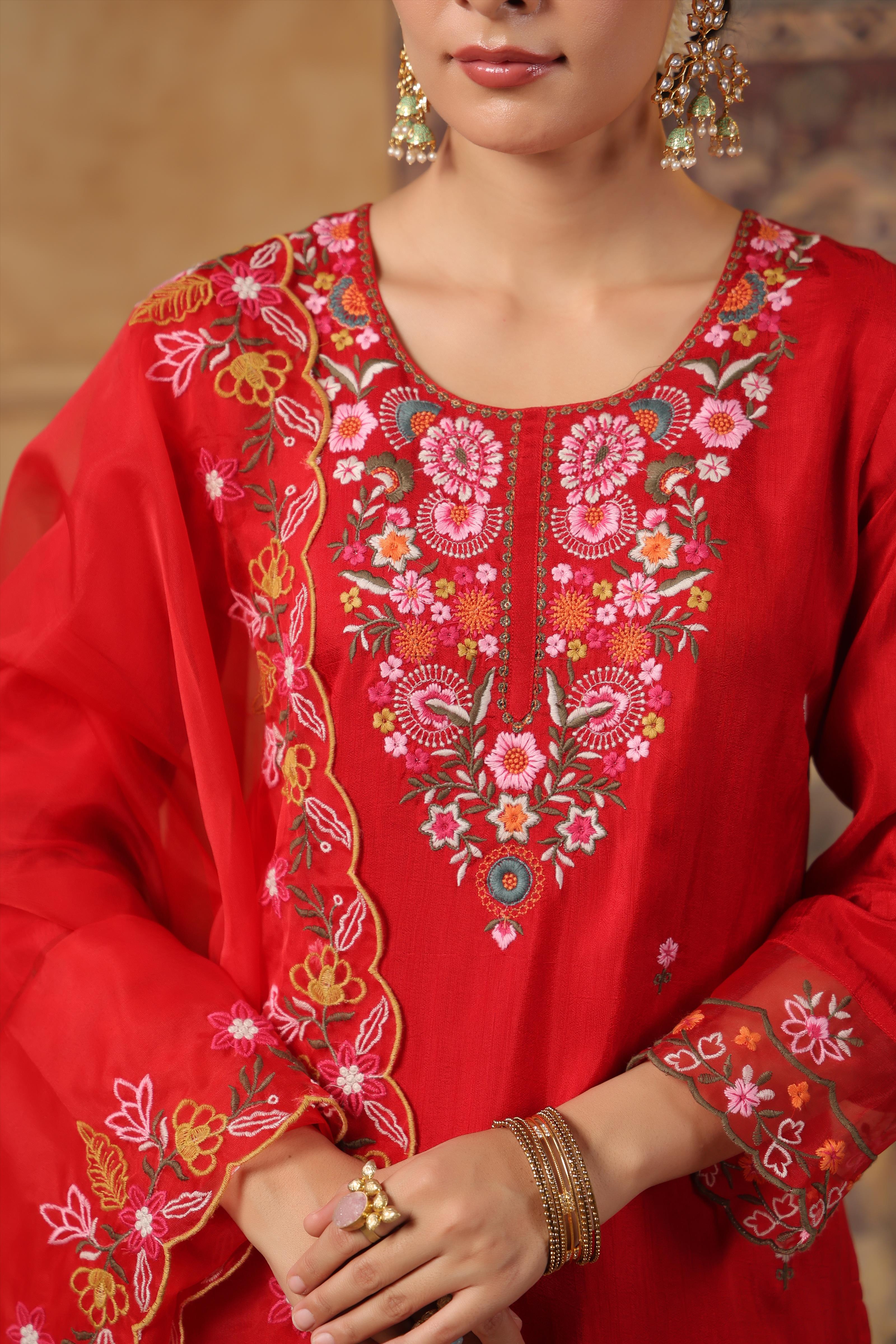 Red Dupion Silk Floral Embroidered Suit Set