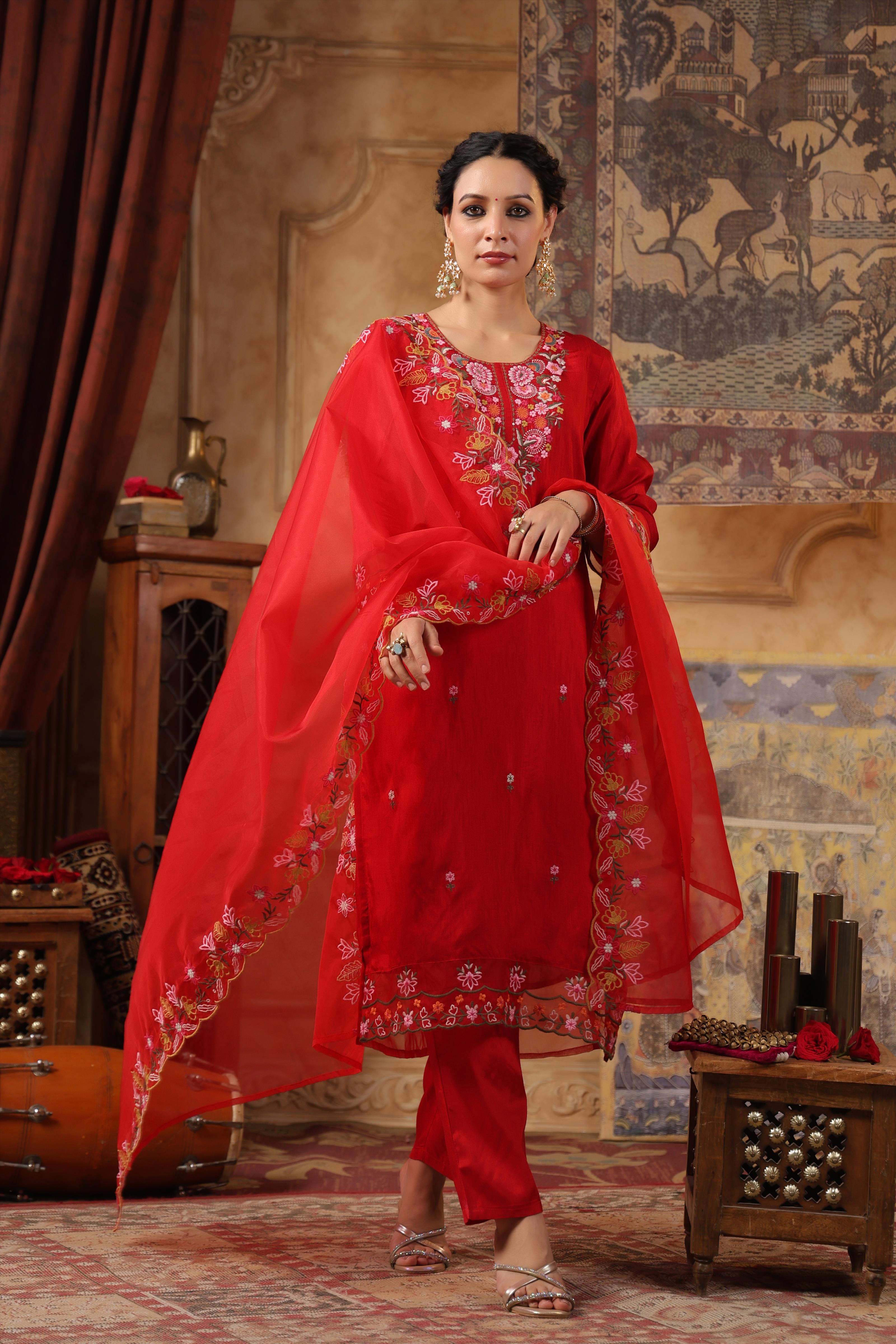 Red Dupion Silk Floral Embroidered Suit Set