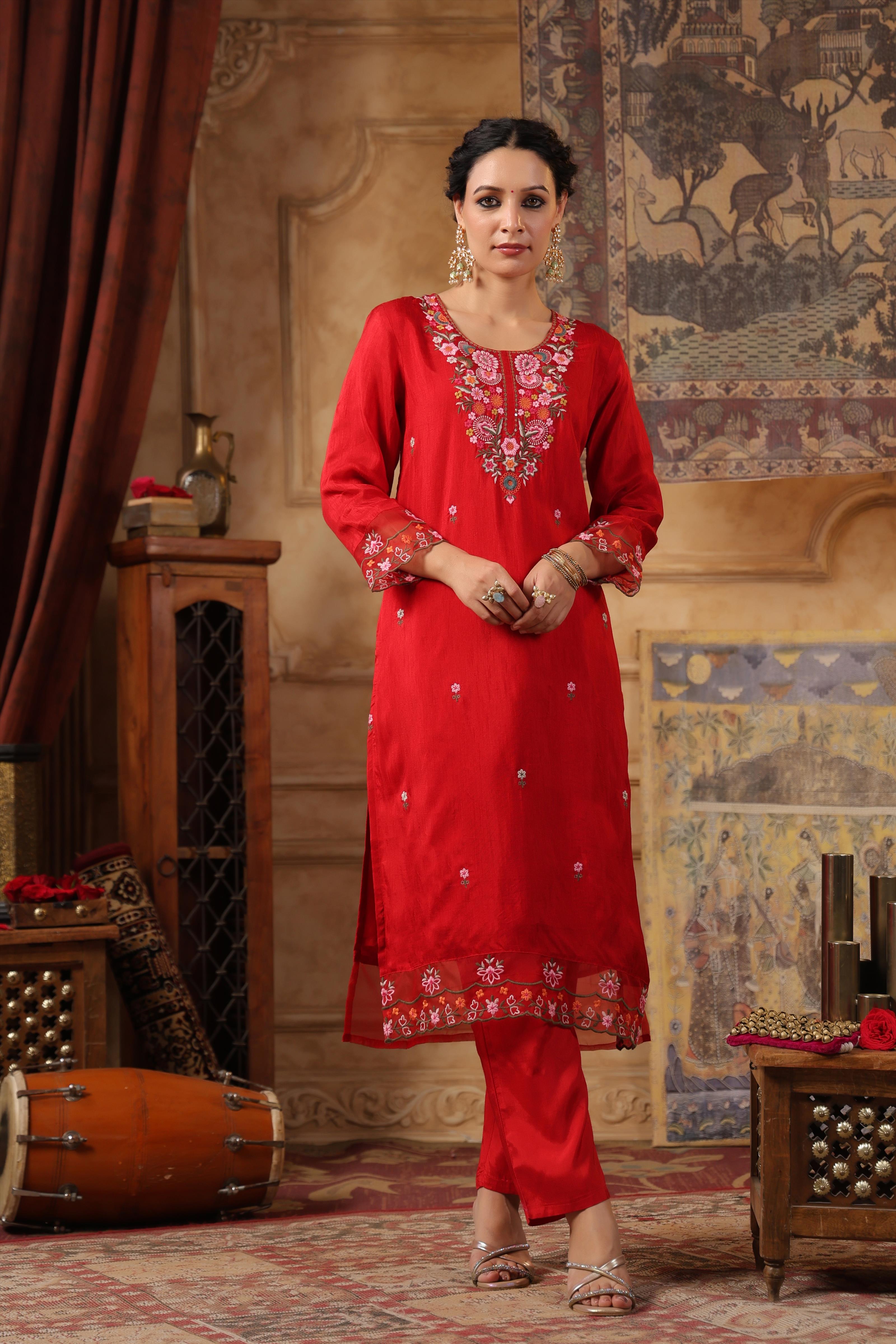 Red Dupion Silk Floral Embroidered Suit Set