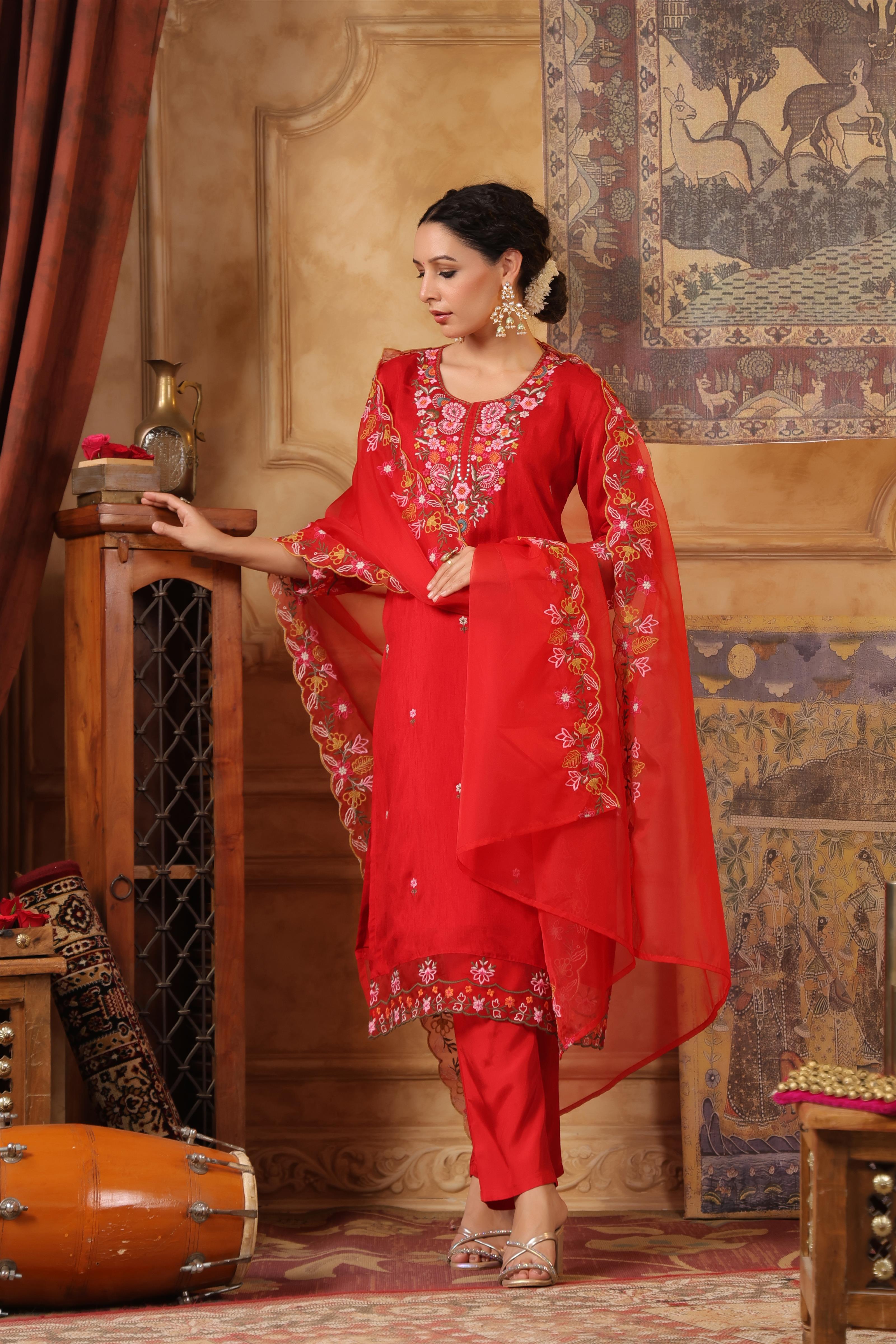 Red Dupion Silk Floral Embroidered Suit Set