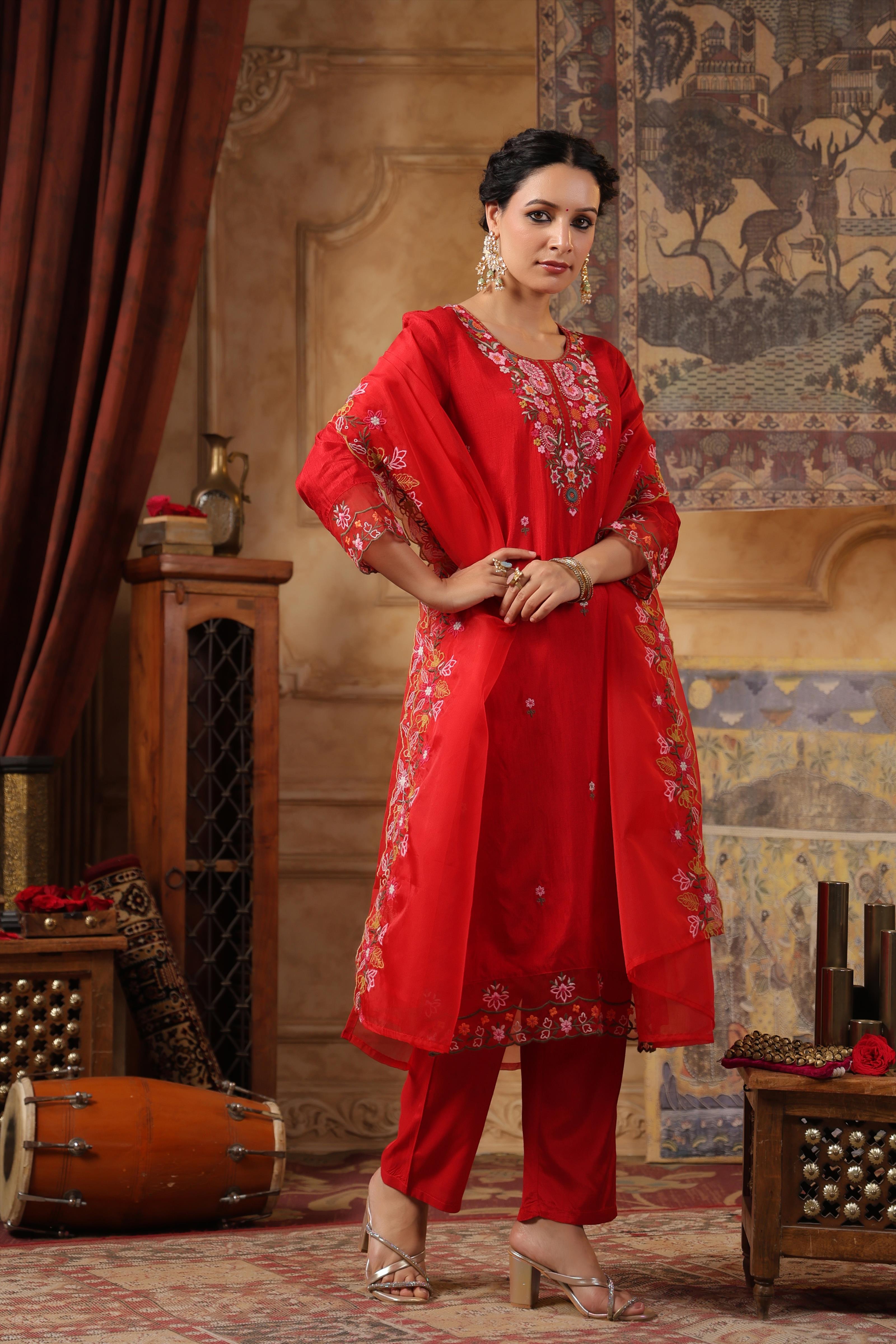 Red Dupion Silk Floral Embroidered Suit Set