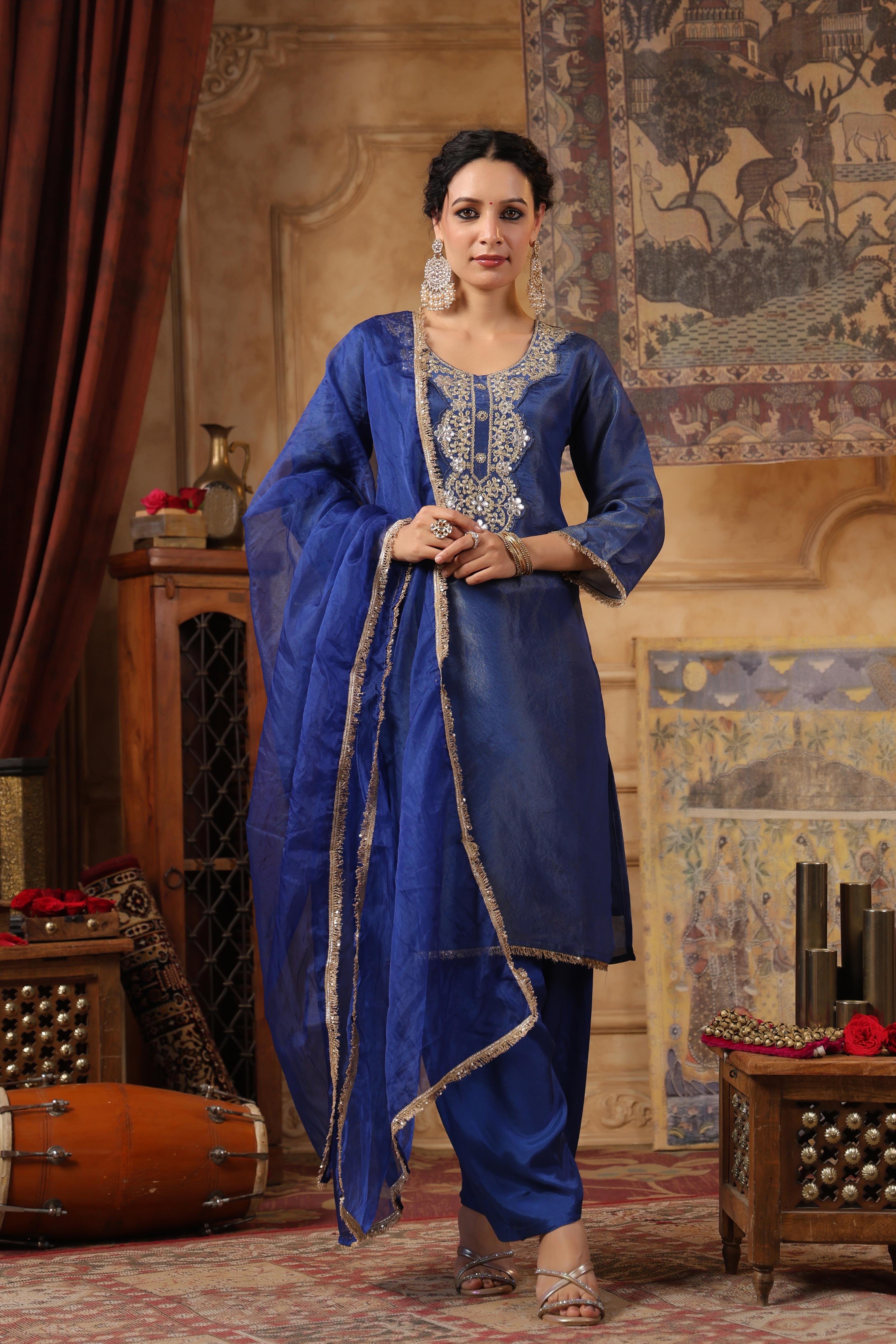 Blue Shimmer Organza Embroidered Suit Set