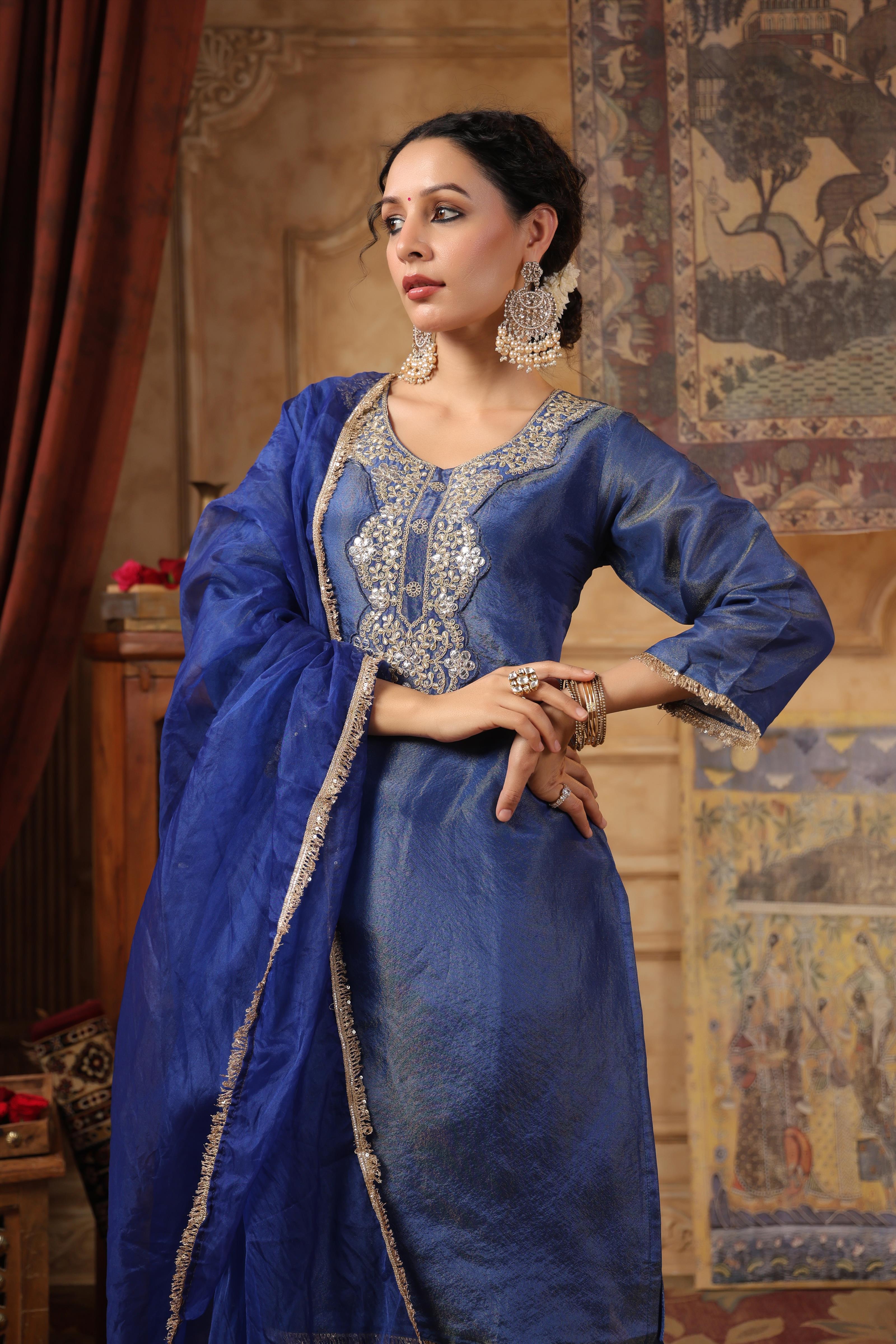 Blue Shimmer Organza Embroidered Suit Set