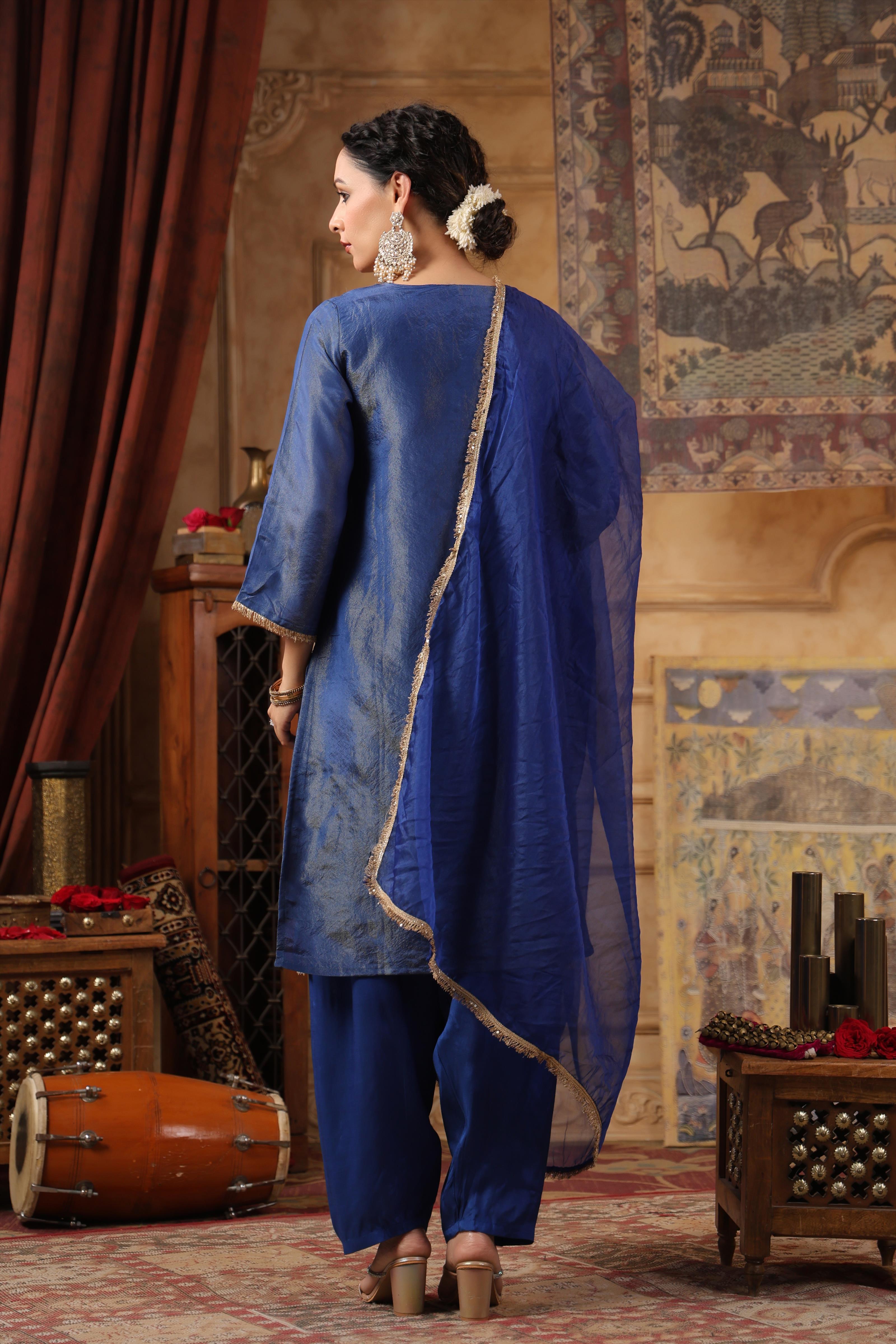 Blue Shimmer Organza Embroidered Suit Set