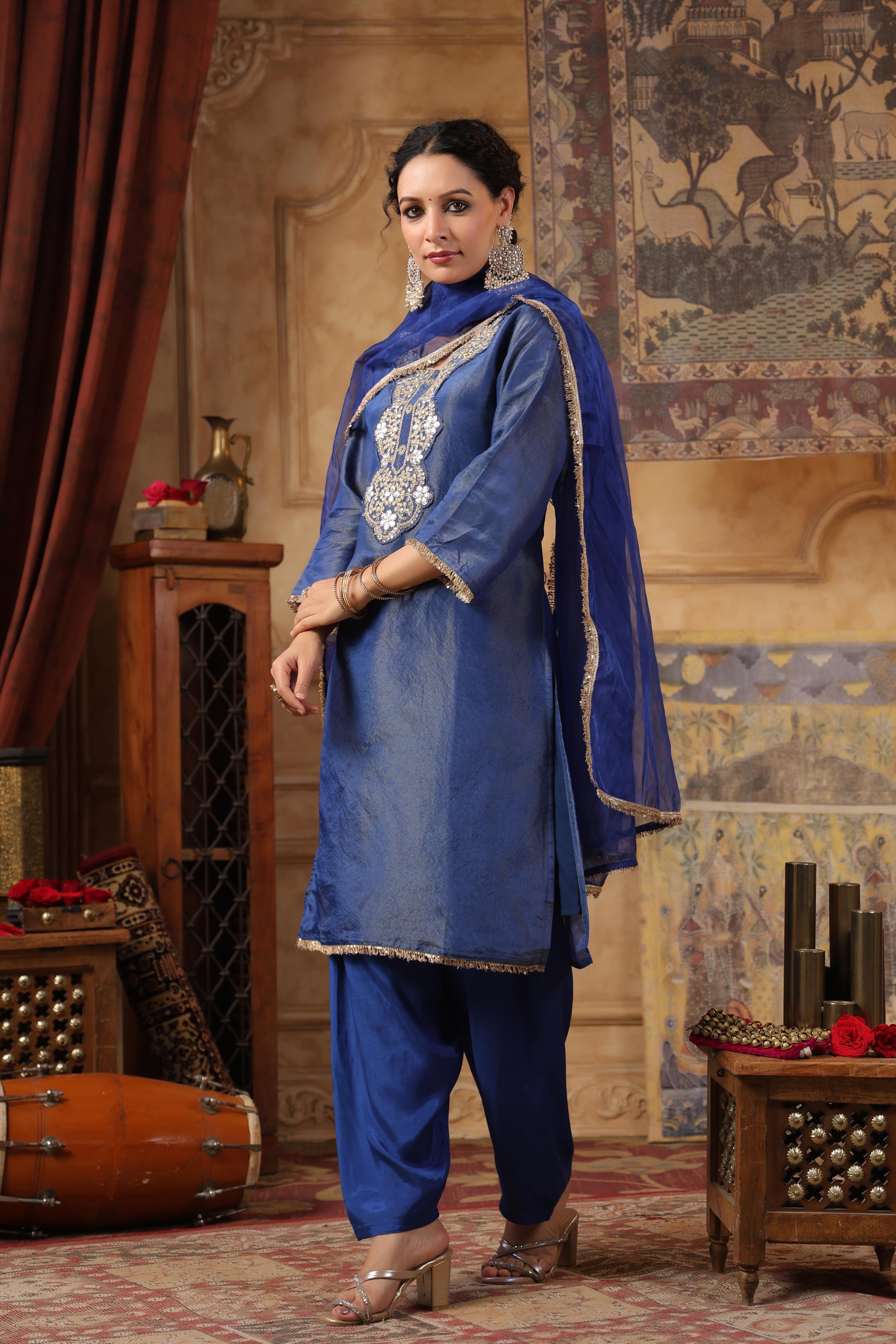 Blue Shimmer Organza Embroidered Suit Set