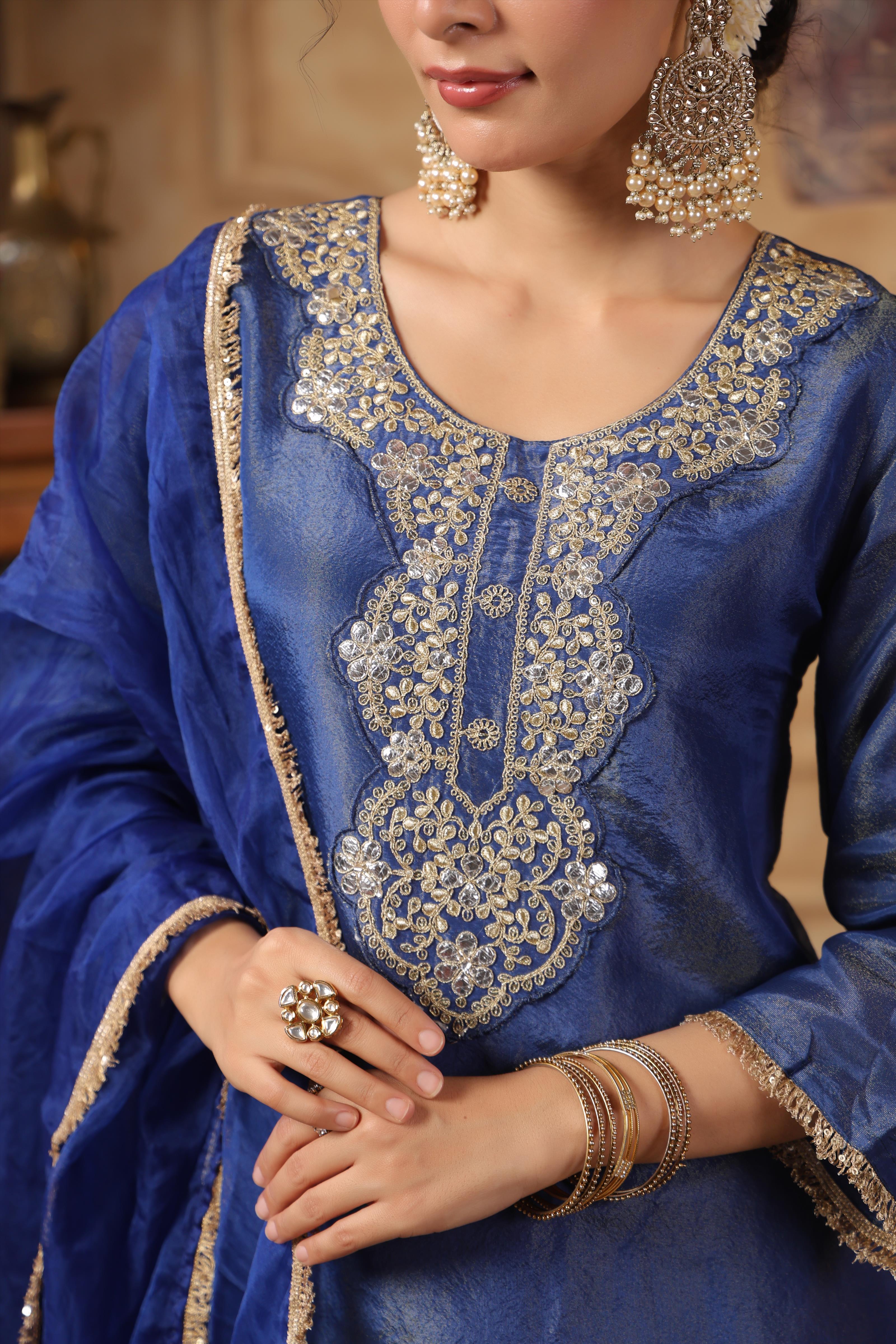 Blue Shimmer Organza Embroidered Suit Set