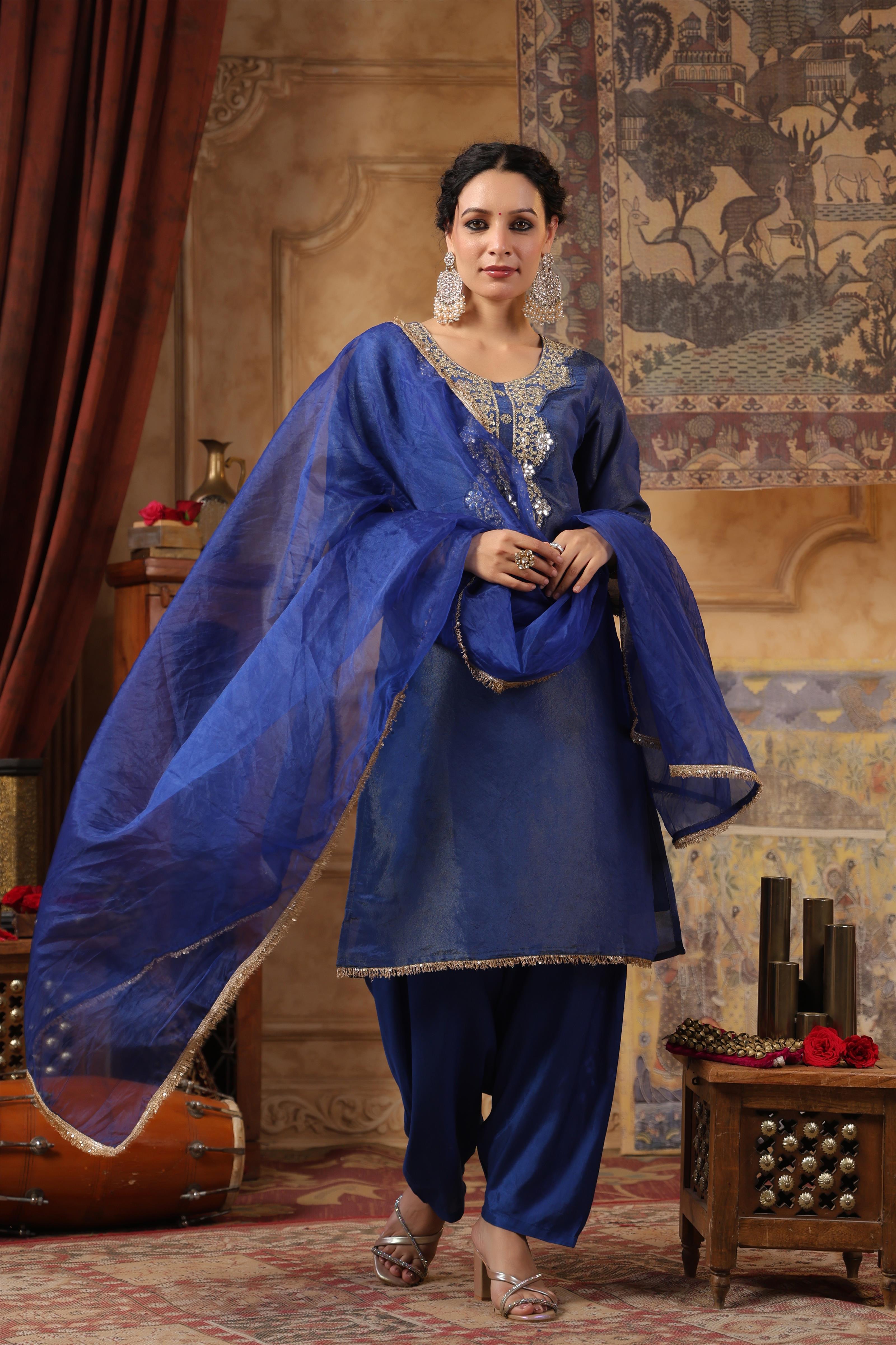 Blue Shimmer Organza Embroidered Suit Set