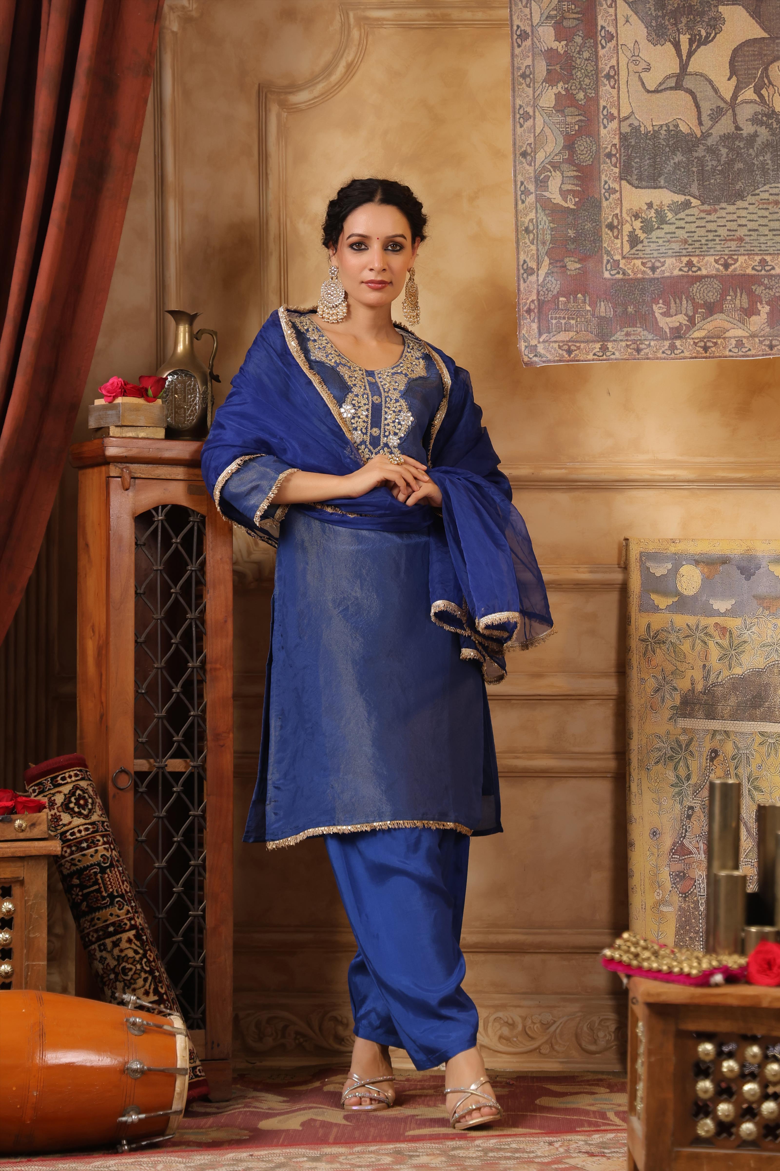 Blue Shimmer Organza Embroidered Suit Set