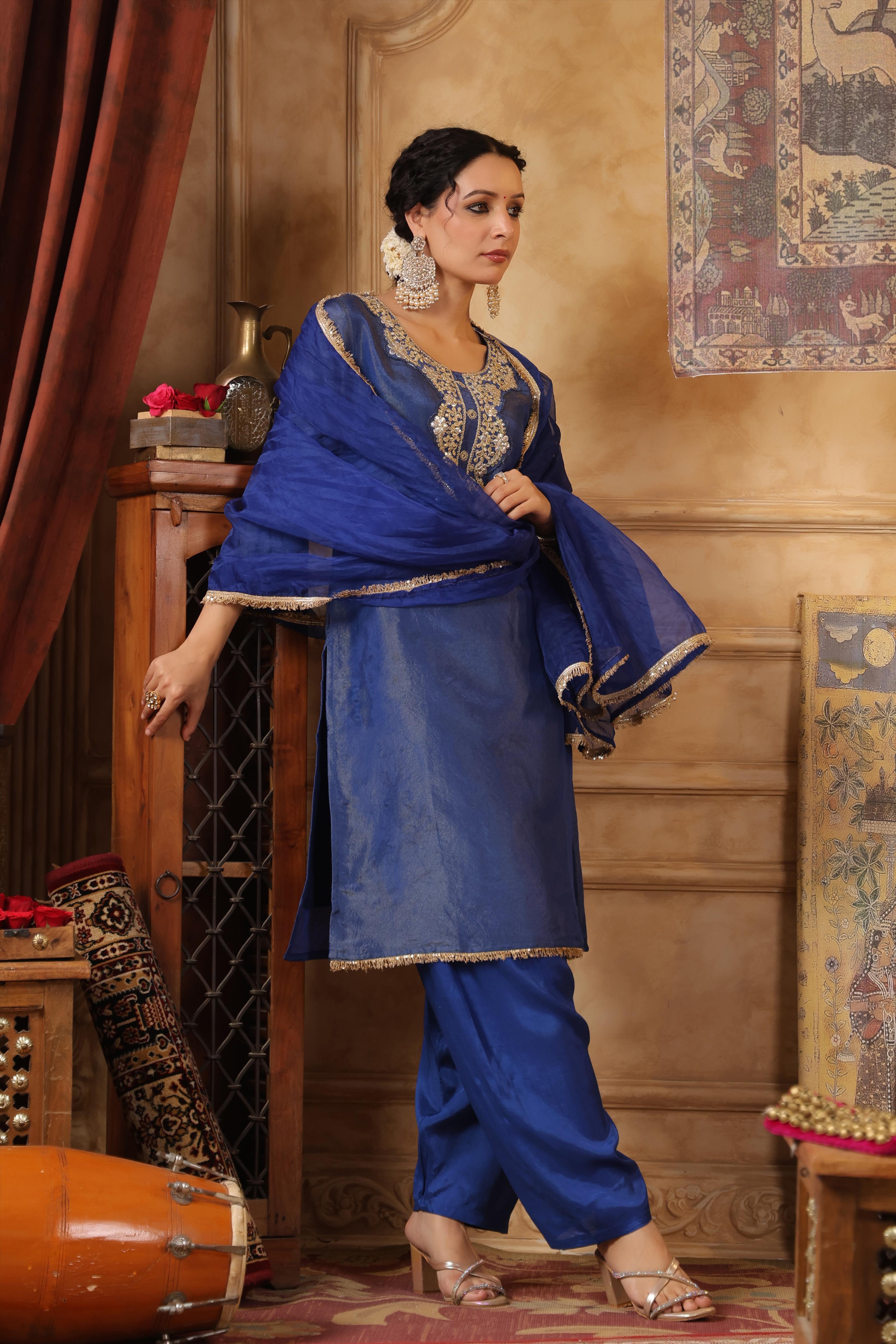 Blue Shimmer Organza Embroidered Suit Set