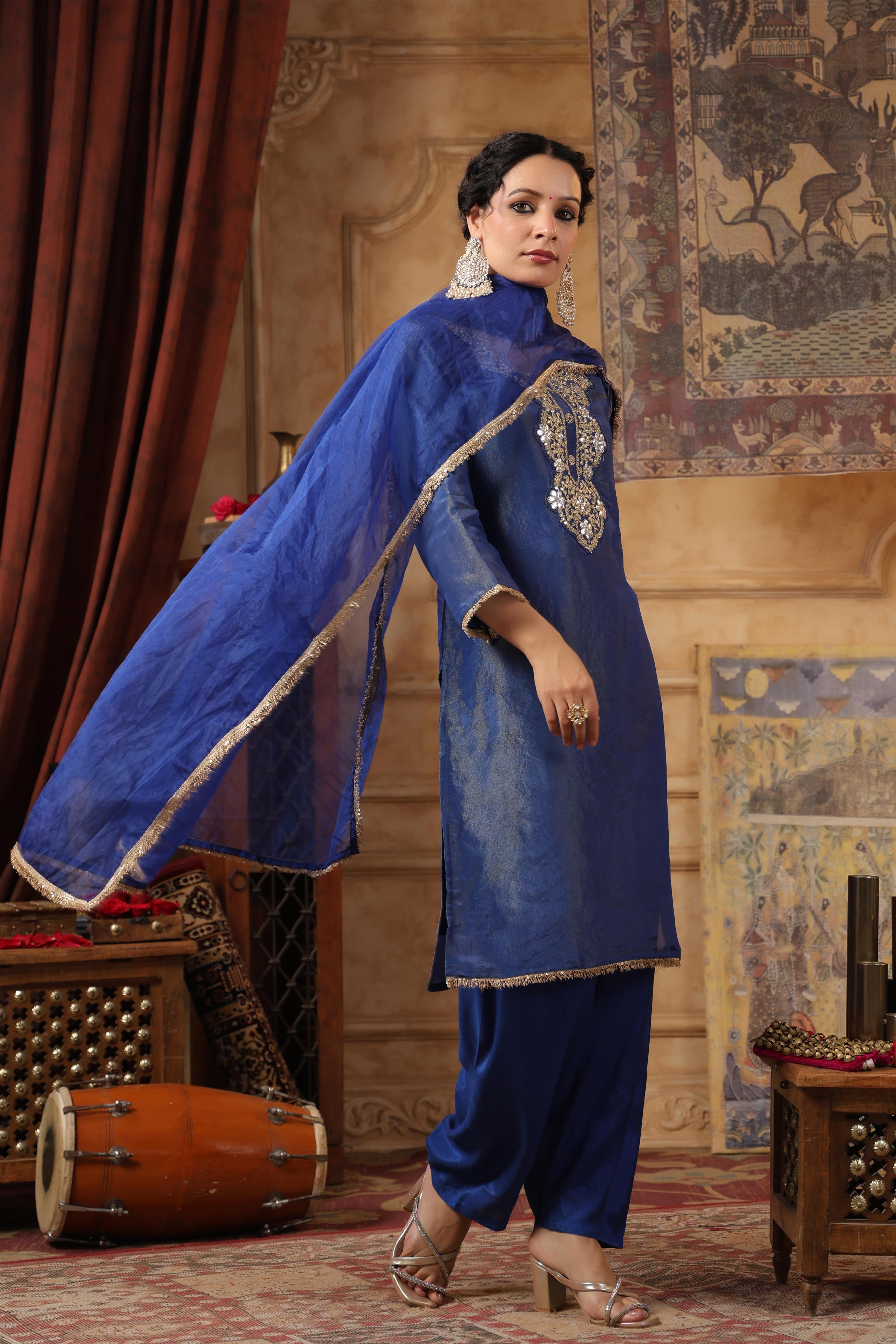 Blue Shimmer Organza Embroidered Suit Set