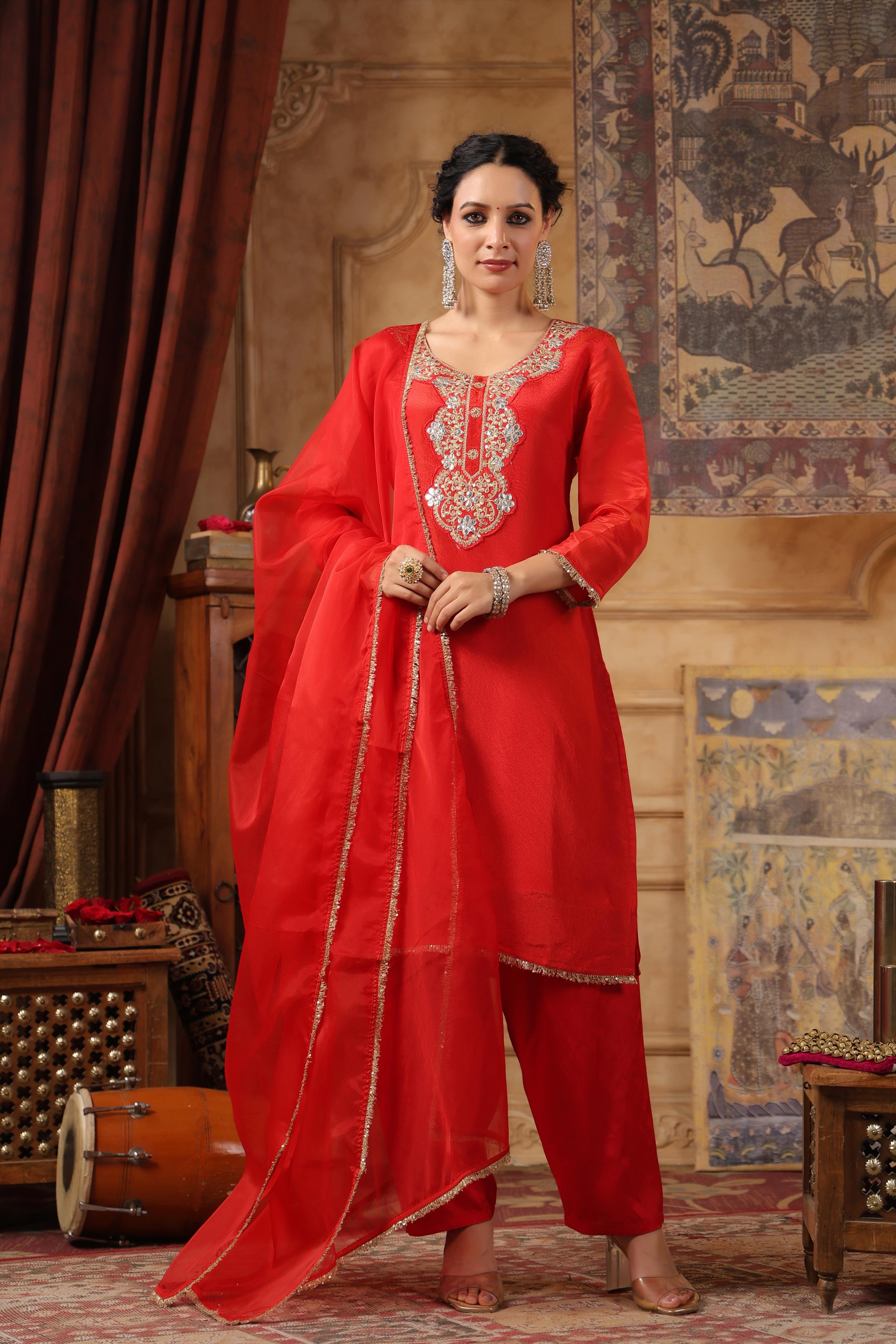 Red Shimmer Organza Embroidered Suit Set