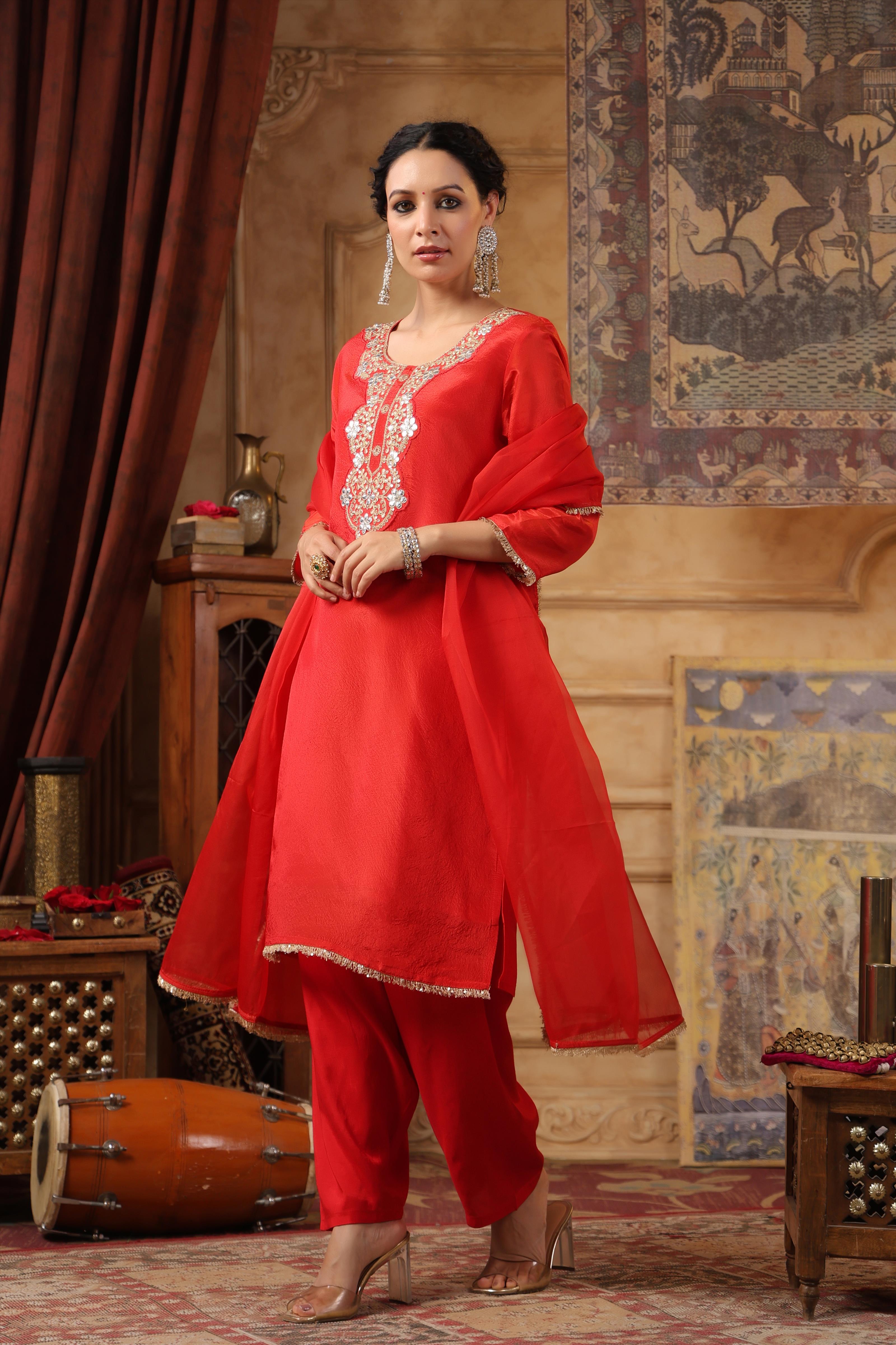 Red Shimmer Organza Embroidered Suit Set