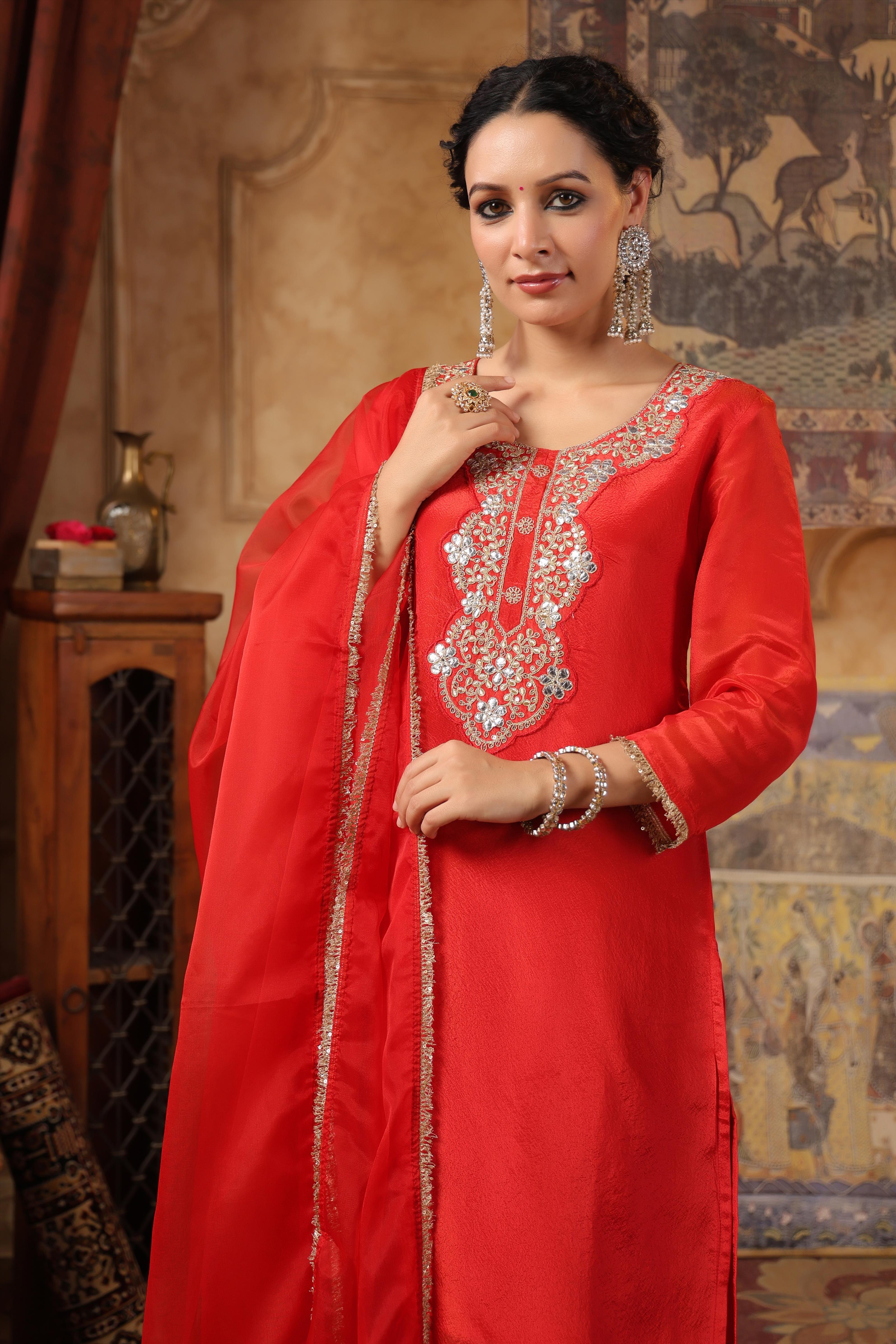 Red Shimmer Organza Embroidered Suit Set