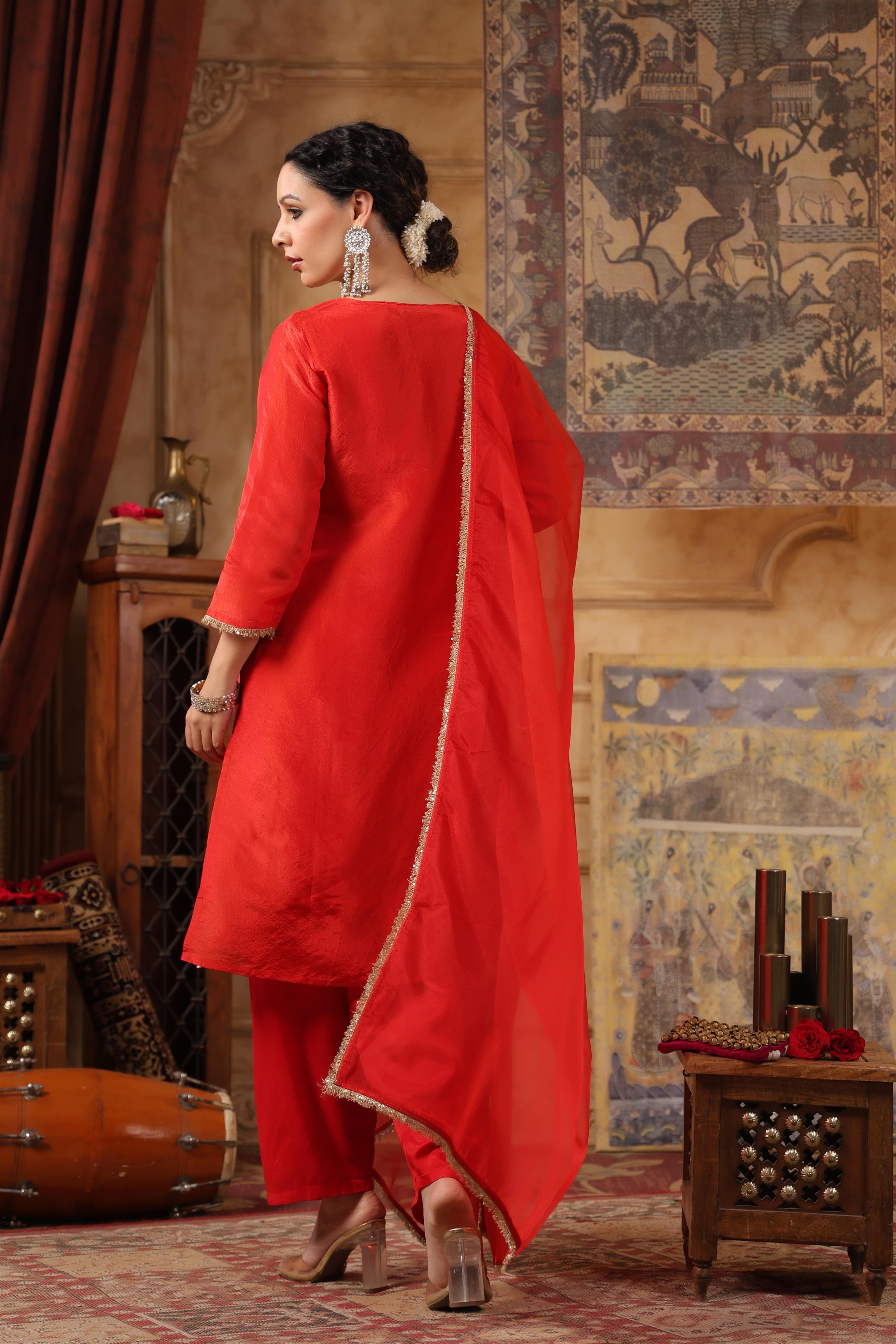 Red Shimmer Organza Embroidered Suit Set